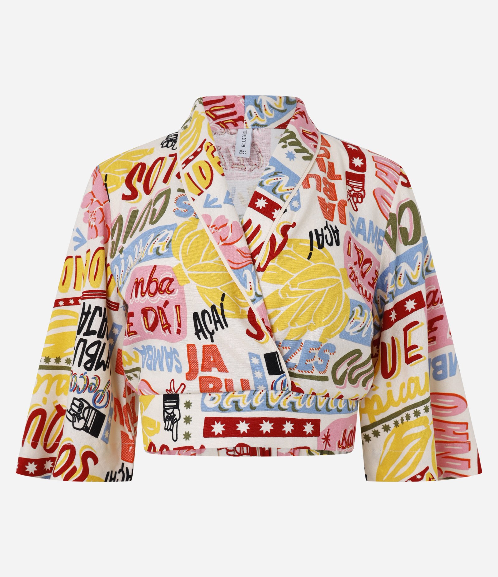 Blusa Cropped em Viscolinho Transpassada e Estampa Tropical Bege 6