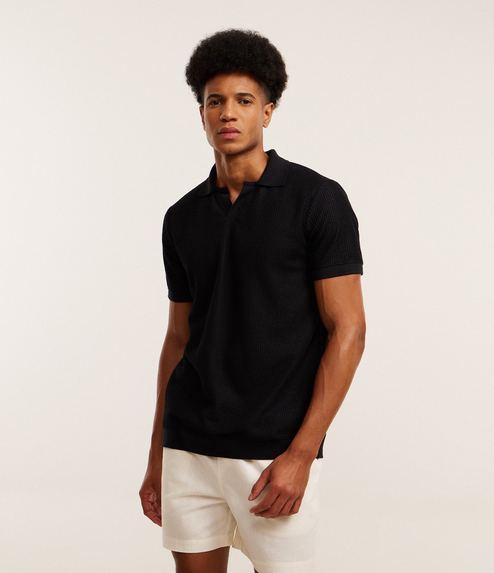 Camisa Polo Regular em Algodão com Textura Preto 1