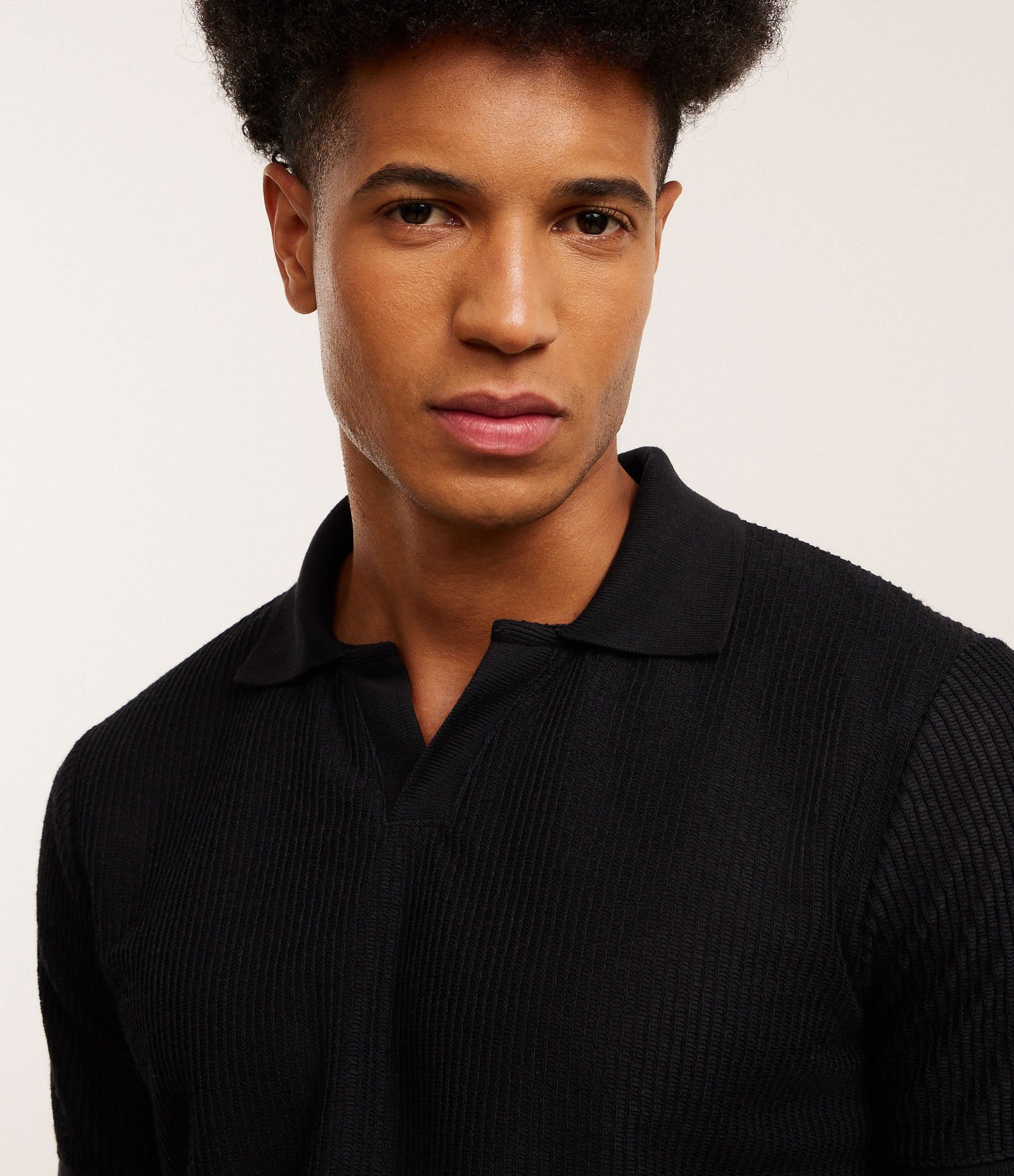 Camisa Polo Regular em Algodão com Textura Preto 4