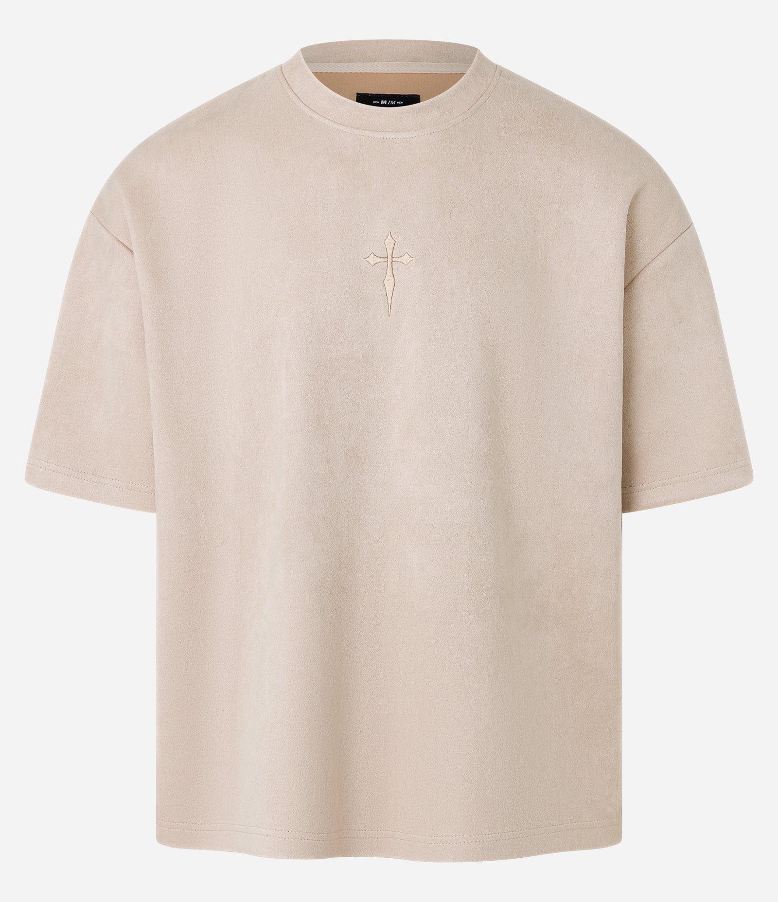 Camiseta Oversized em Suede com Bordado de Cruz e Lettering Bege 7