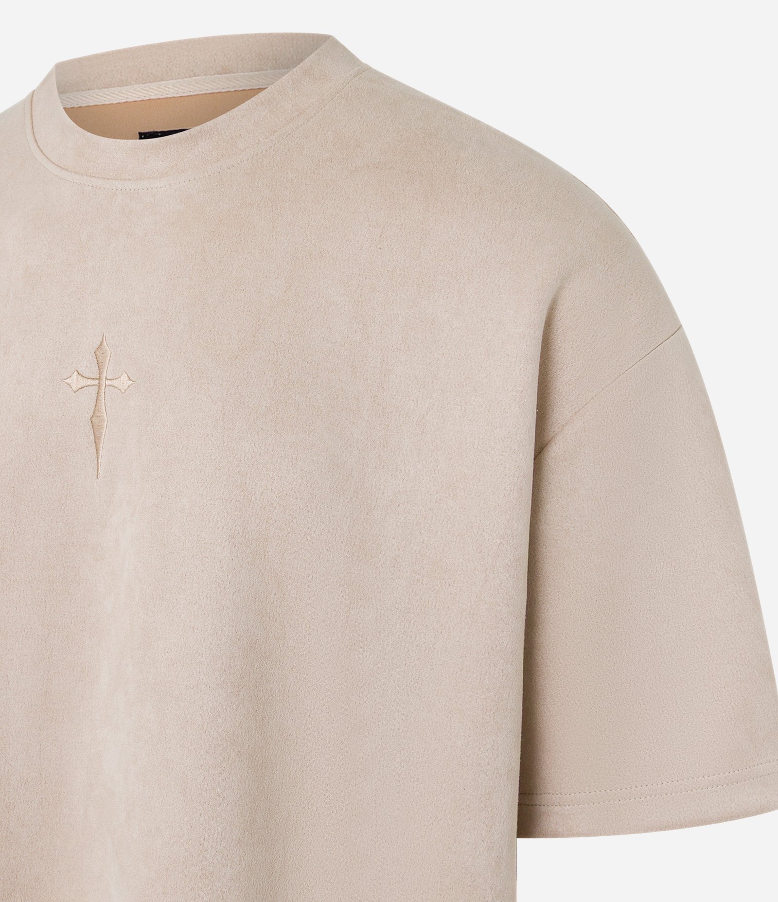 Camiseta Oversized em Suede com Bordado de Cruz e Lettering Bege 8