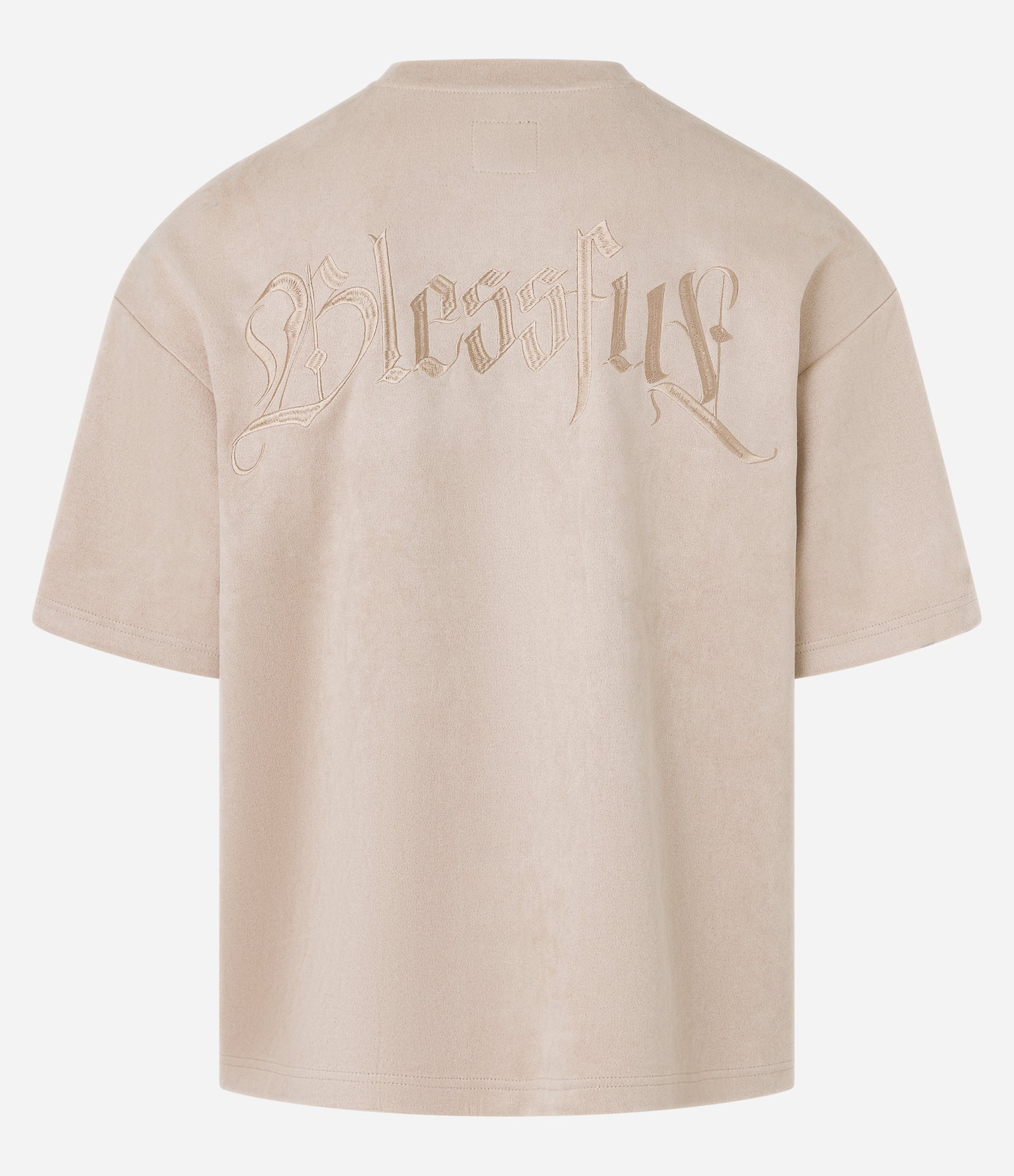 Camiseta Oversized em Suede com Bordado de Cruz e Lettering Bege 9