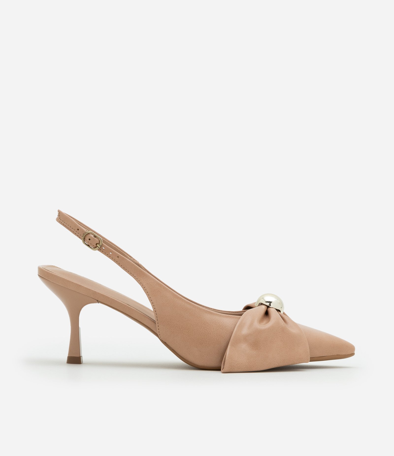 Sapato Scarpin Slingback com Laço e Detalhe em Madrepérola Bege 1
