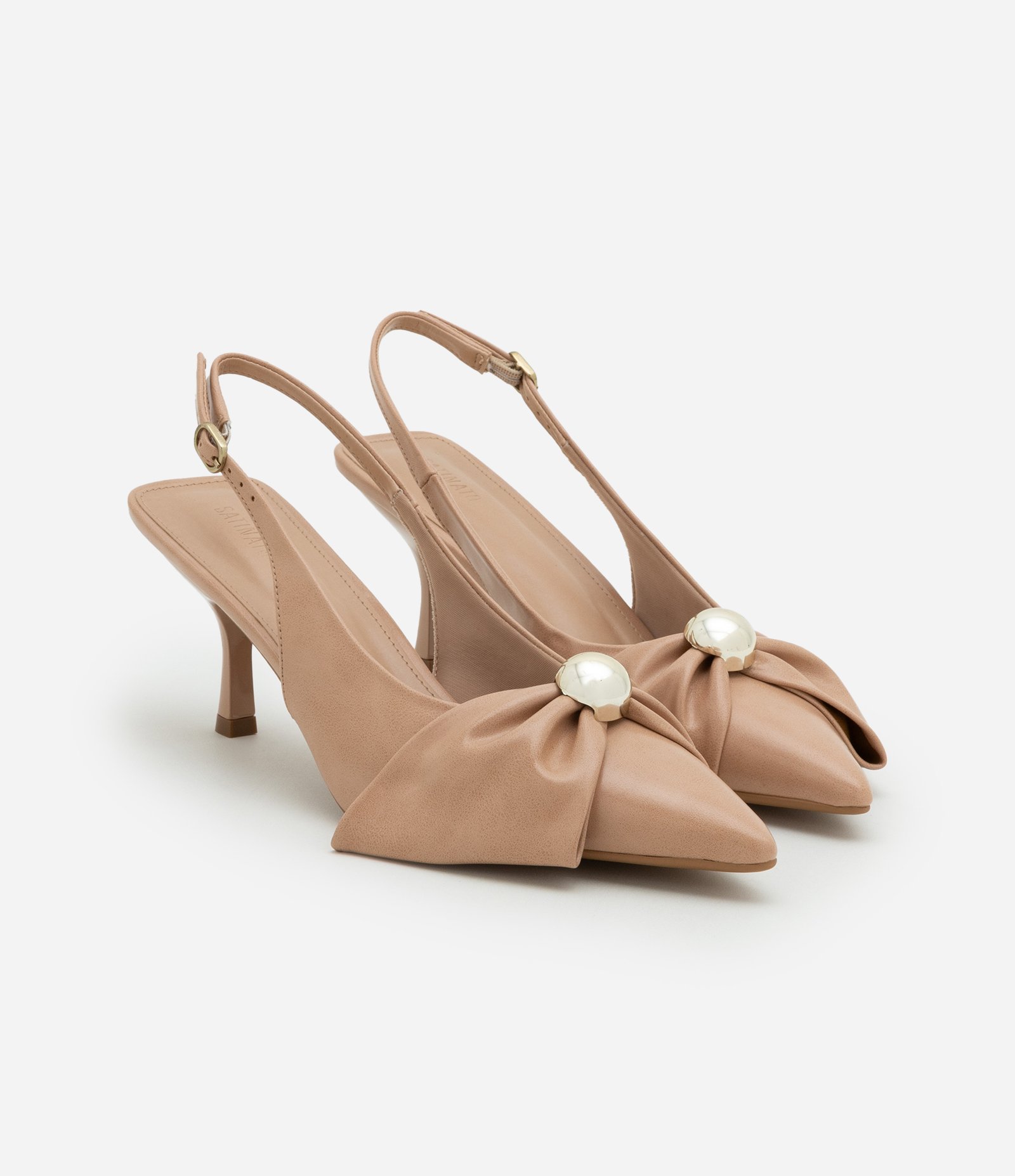 Sapato Scarpin Slingback com Laço e Detalhe em Madrepérola Bege 2