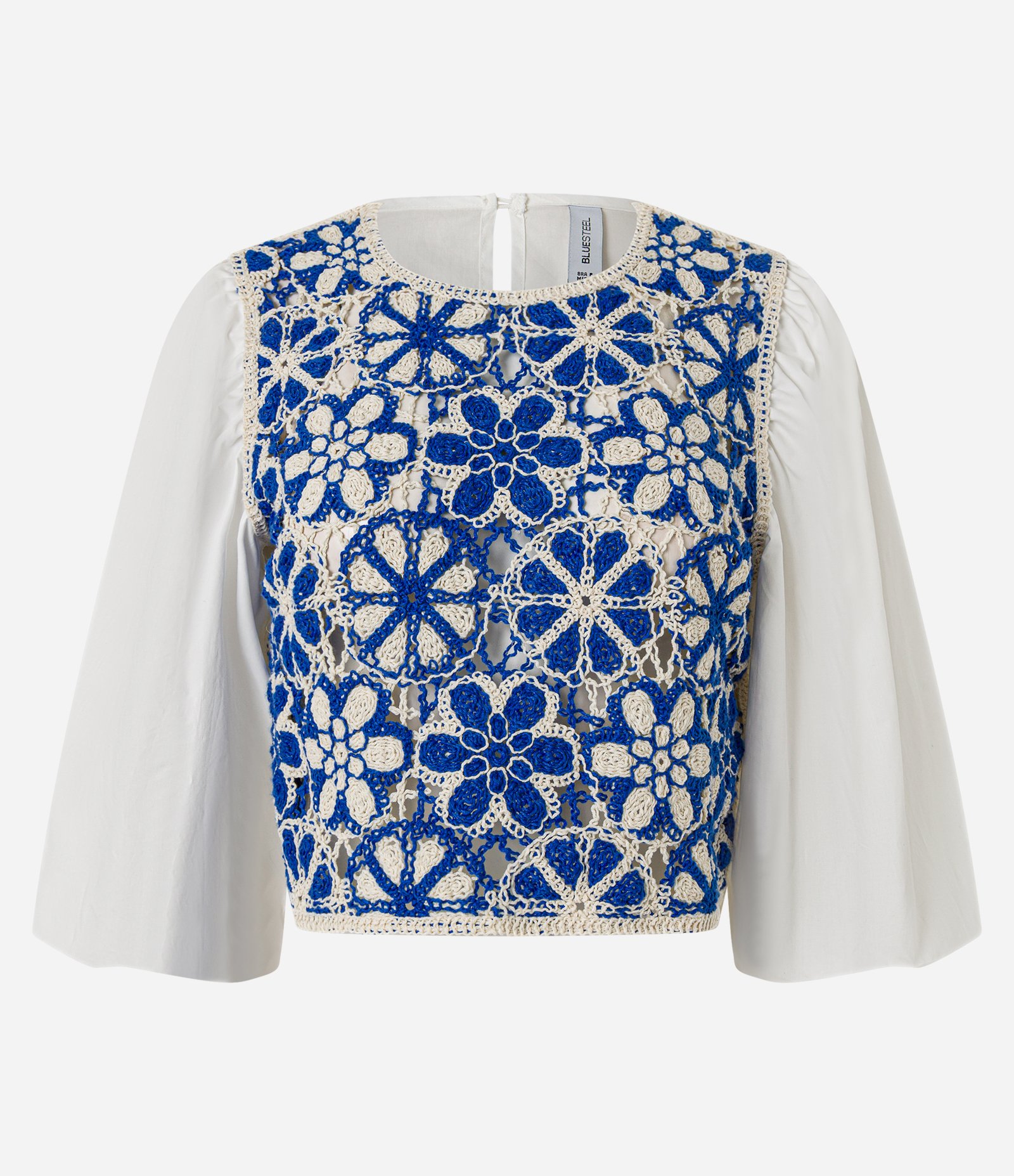 Blusa Cropped com Manga Bufante e Estampa Efeito Crochê Bicolor Off White/Azul 6