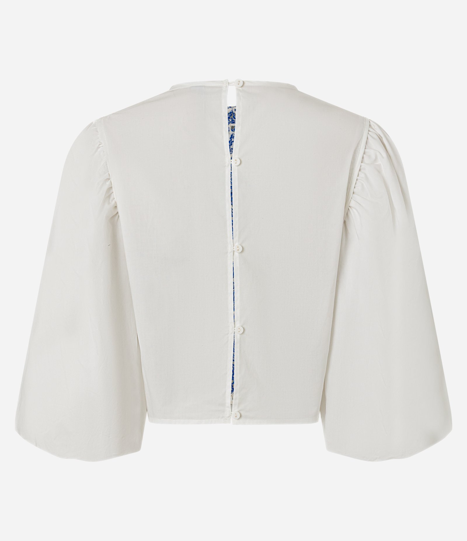 Blusa Cropped com Manga Bufante e Estampa Efeito Crochê Bicolor Off White/Azul 8