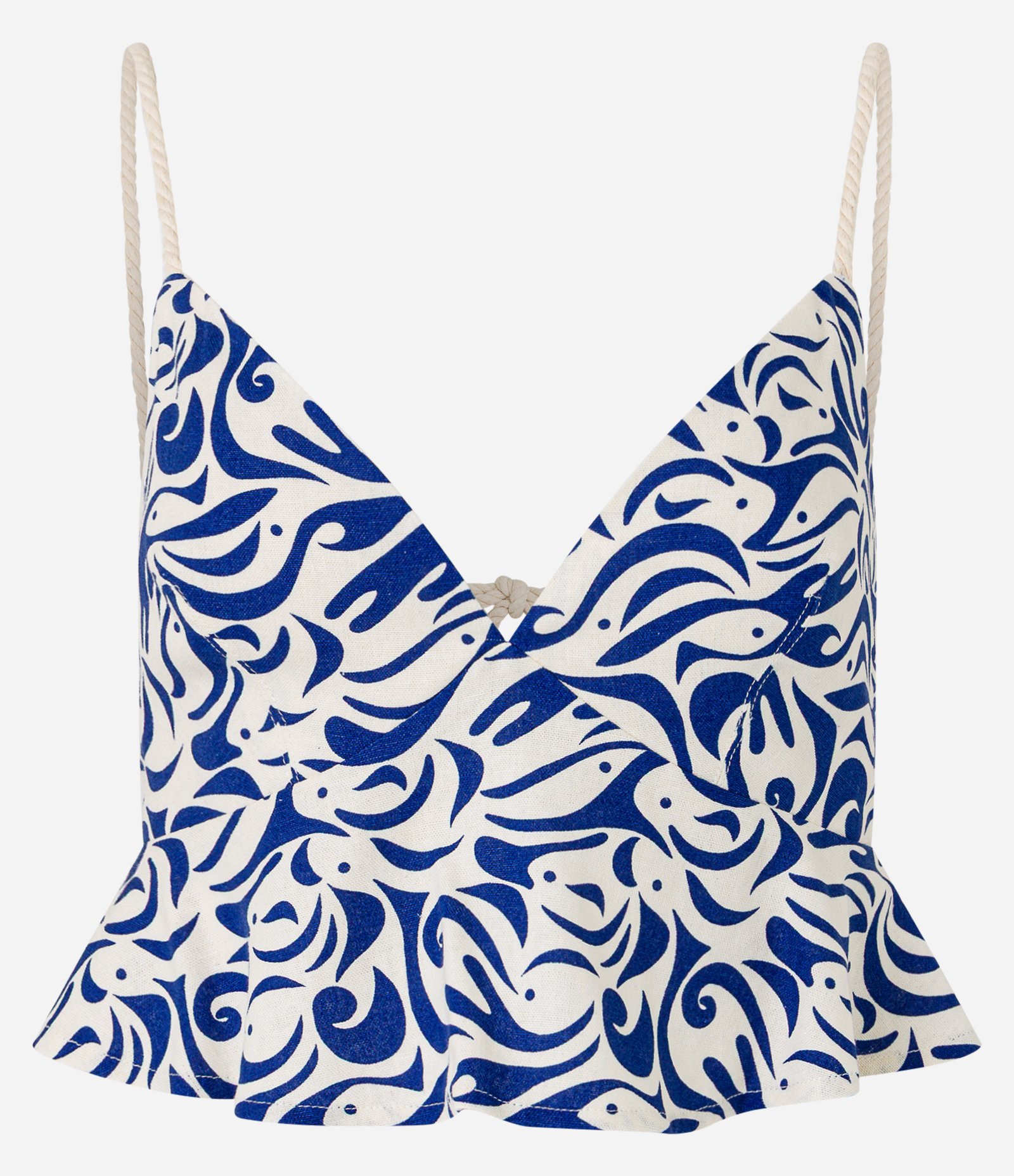 Blusa Cropped em Viscolinho com Estampa de Peixinhos Bege/Azul 6