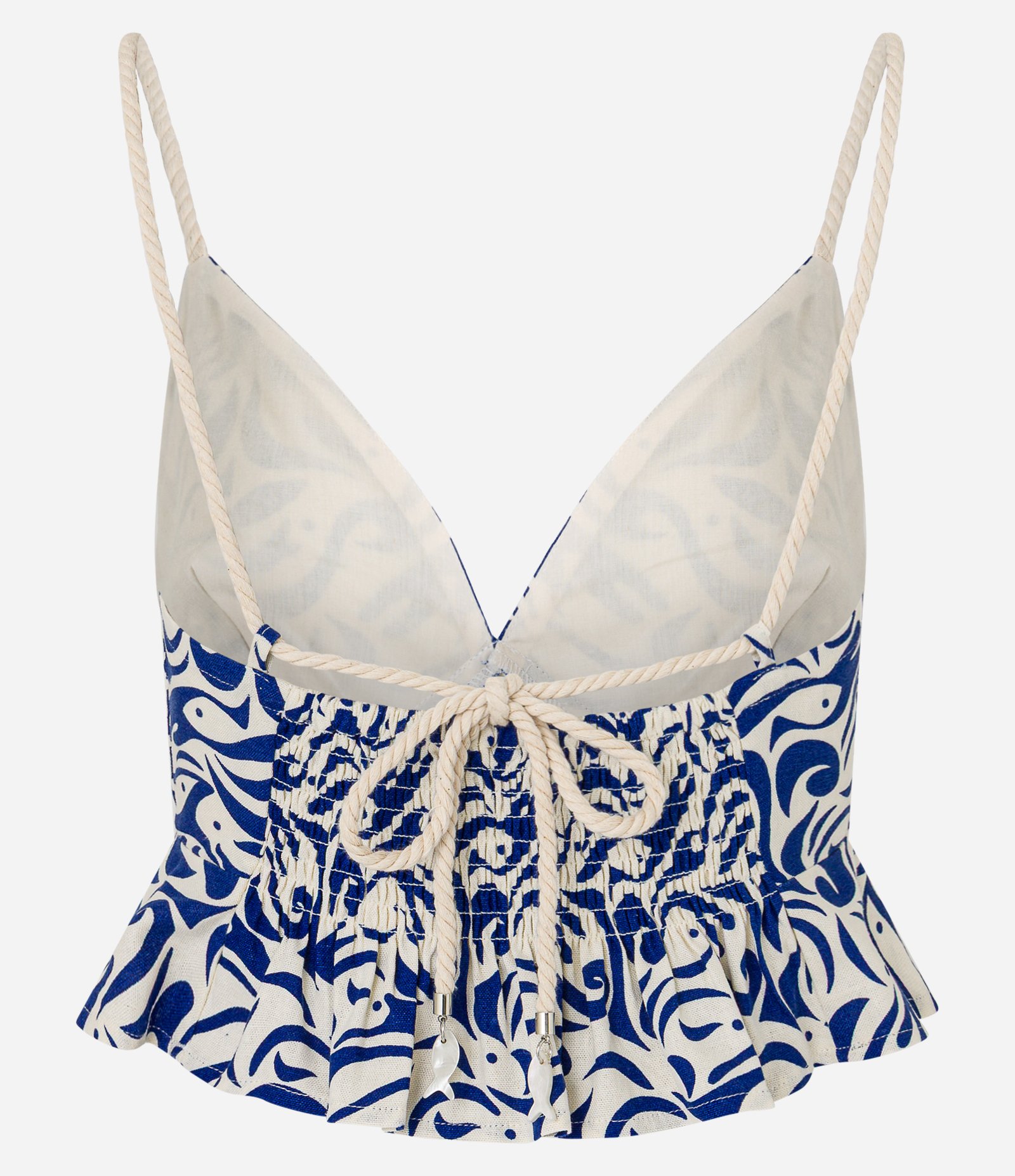 Blusa Cropped em Viscolinho com Estampa de Peixinhos Bege/Azul 7