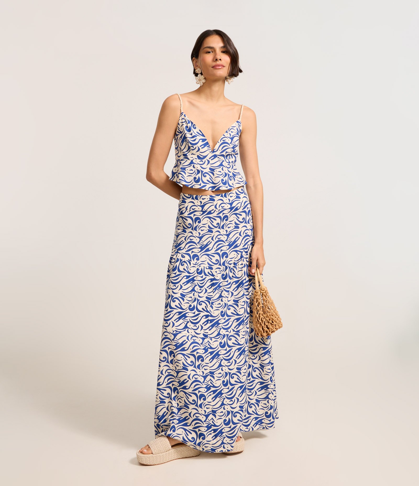 Saia Longa em Viscolinho com Estampa Abstrata Bege/Azul 1