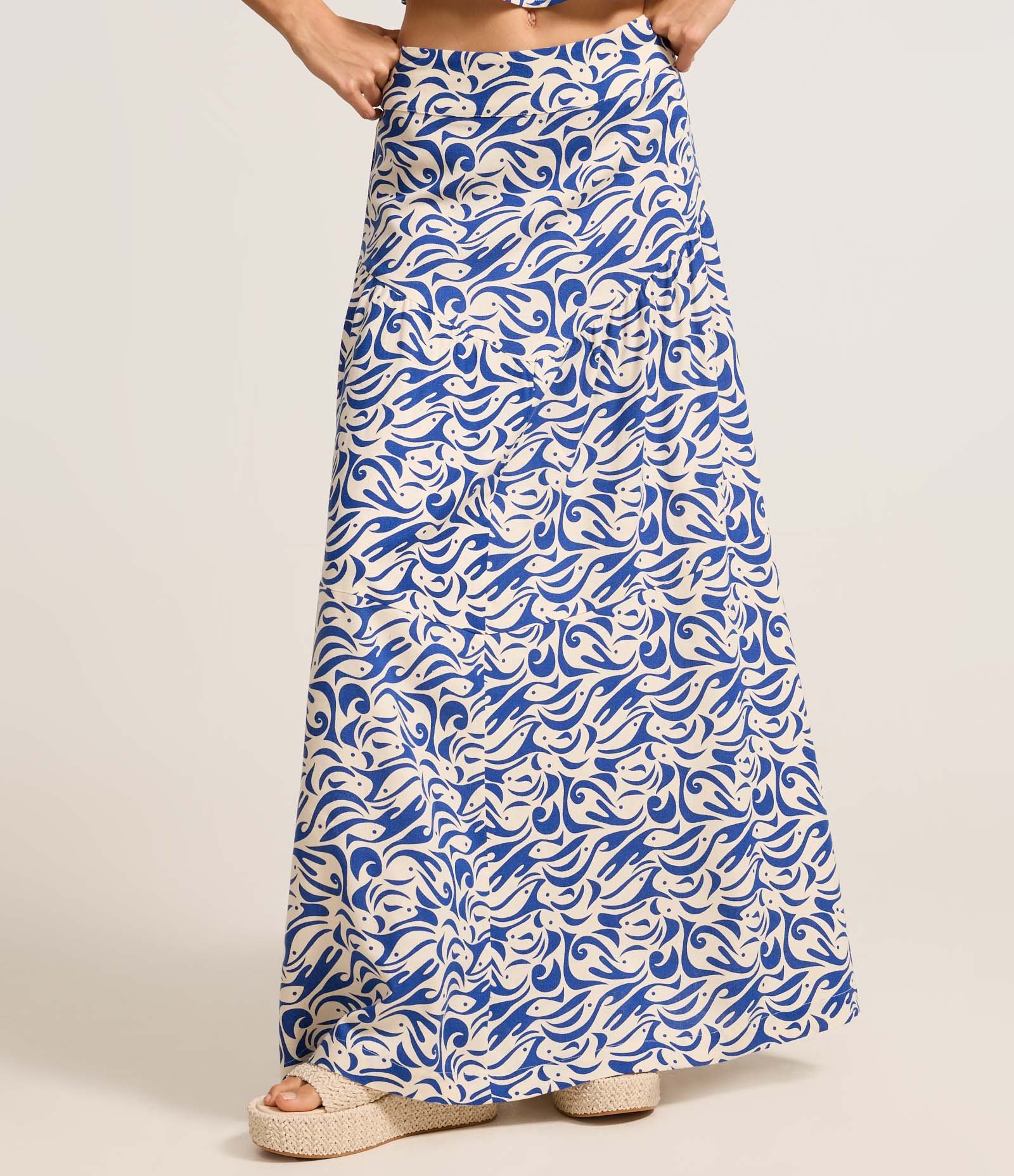 Saia Longa em Viscolinho com Estampa Abstrata Bege/Azul 3