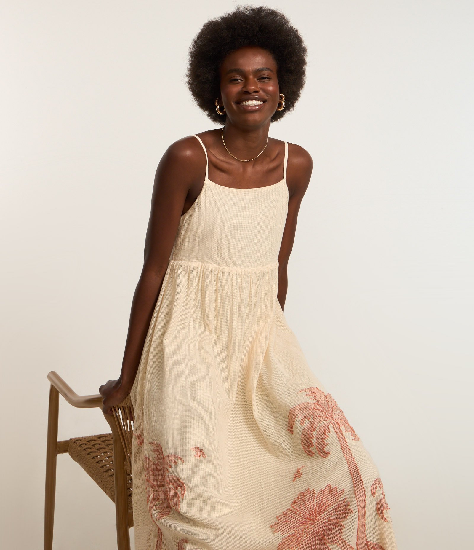 Vestido Evasê Long Midi em Algodão com Coqueiros Bordados Bege 2