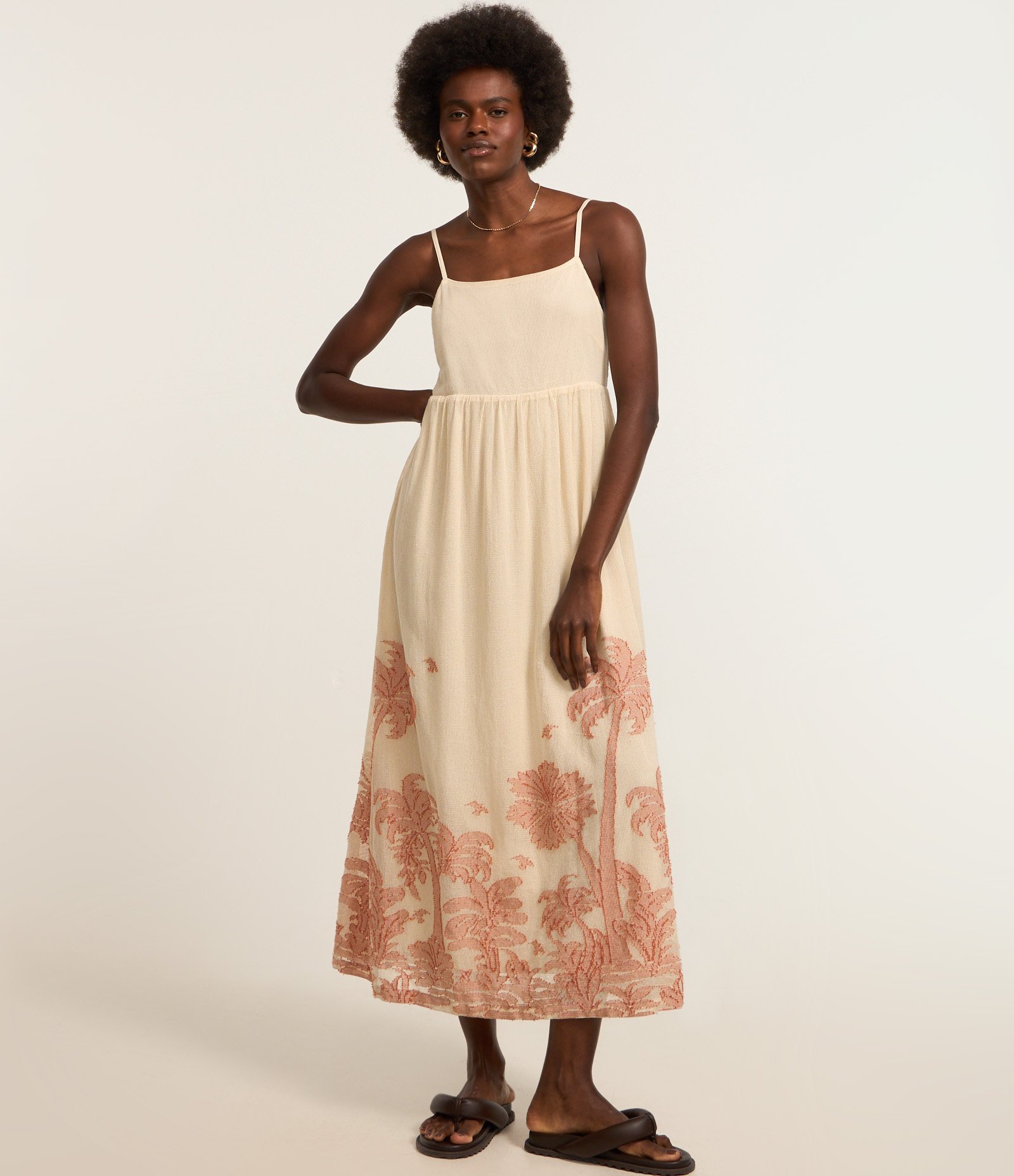 Vestido Evasê Long Midi em Algodão com Coqueiros Bordados Bege 3