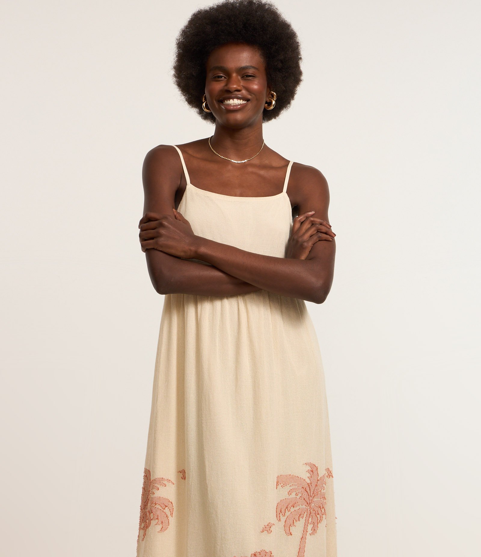 Vestido Evasê Long Midi em Algodão com Coqueiros Bordados Bege 4