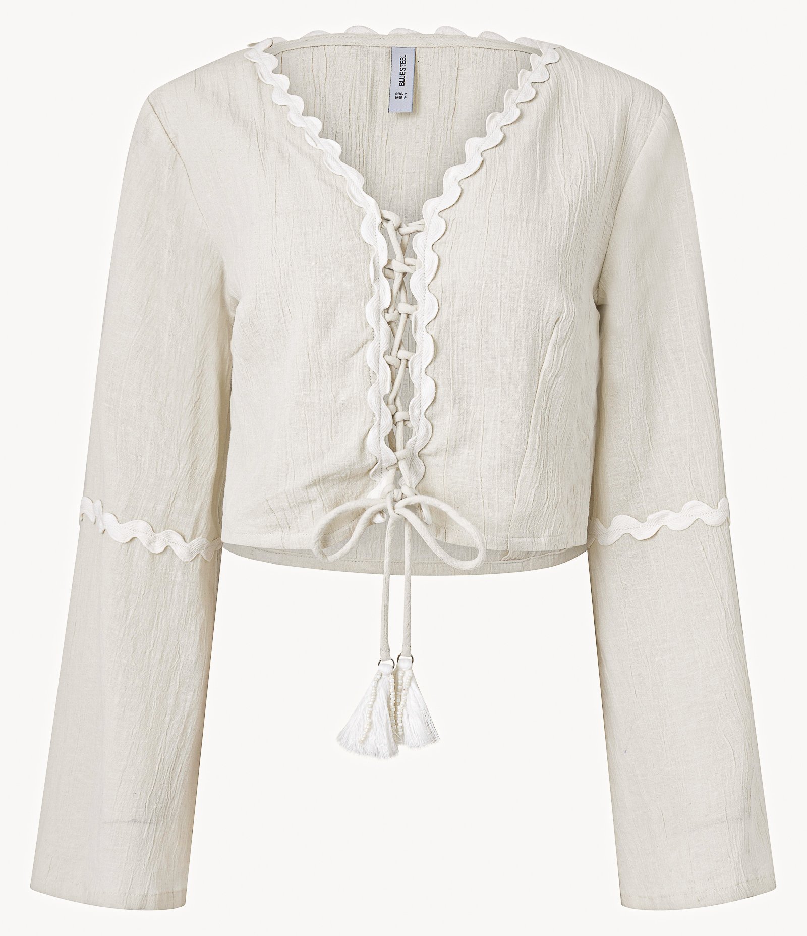 Blusa Cropped em Anarruga com Detalhes em Sianinha Bege 5