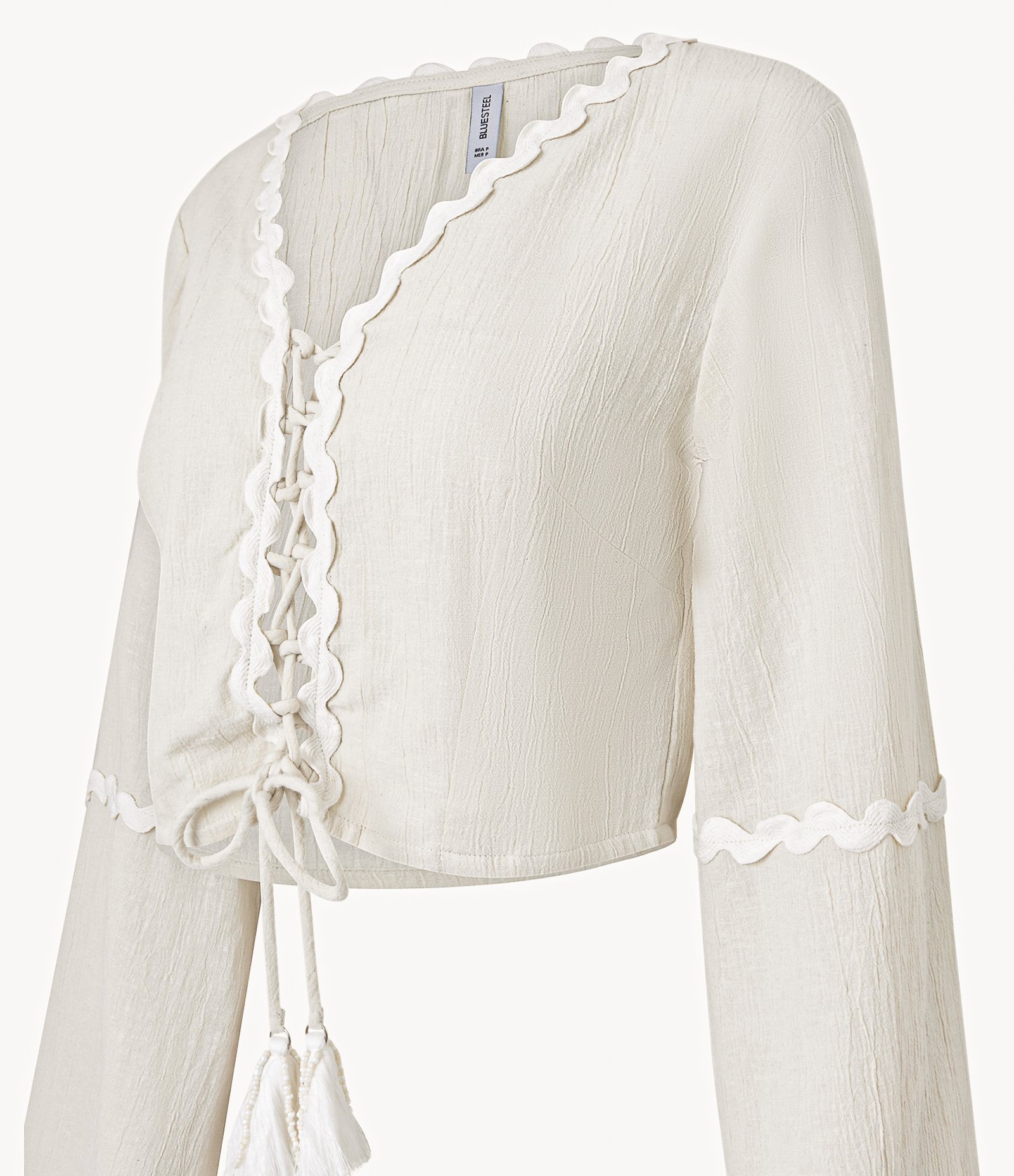 Blusa Cropped em Anarruga com Detalhes em Sianinha Bege 6