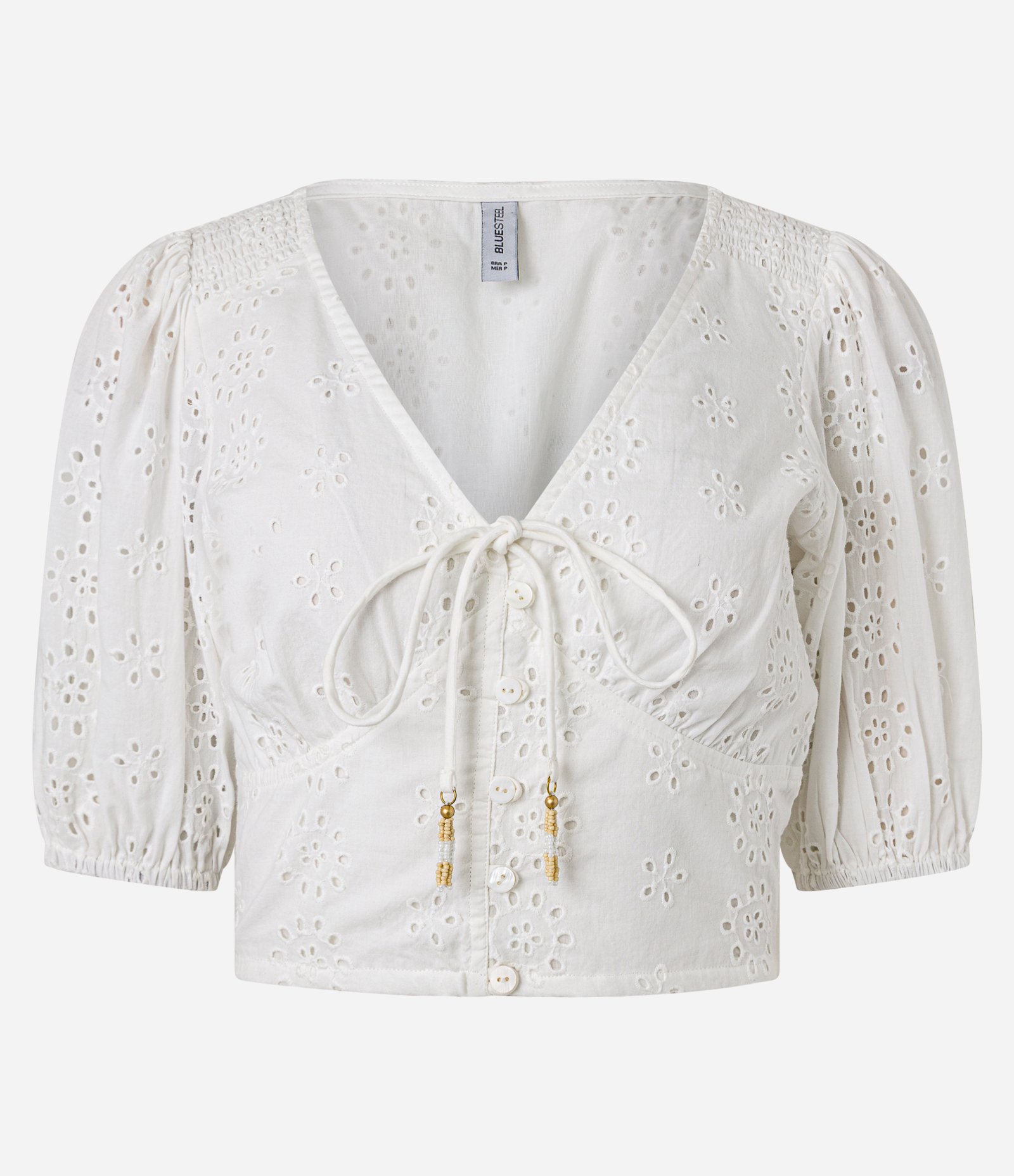 Blusa com Manga Bufante Amarração e Abotoamento com Textura Floral Branco 5