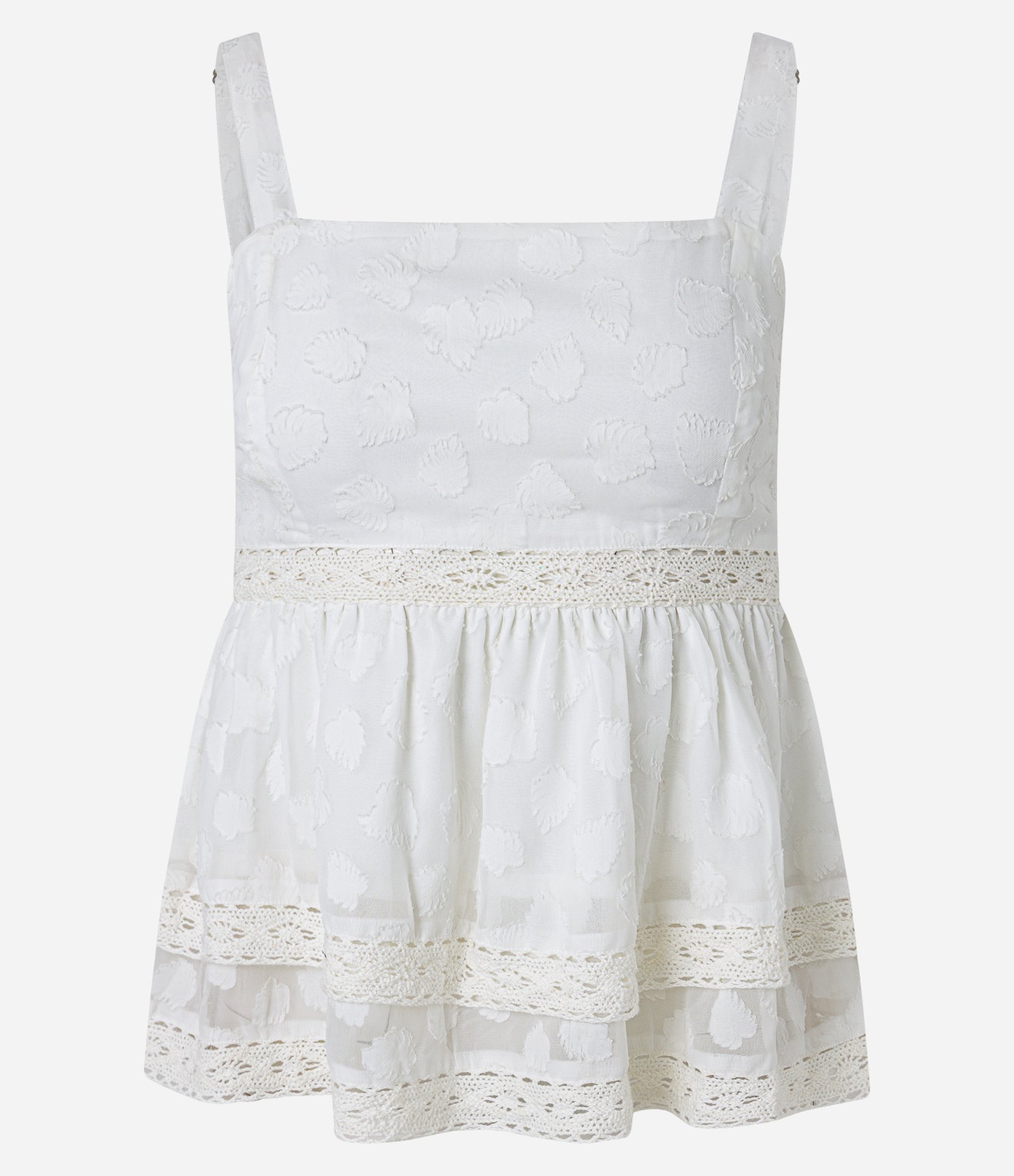 Blusa Regata com Decote Reto e Estampa Folhas com Detalhes de Renda Branco 5