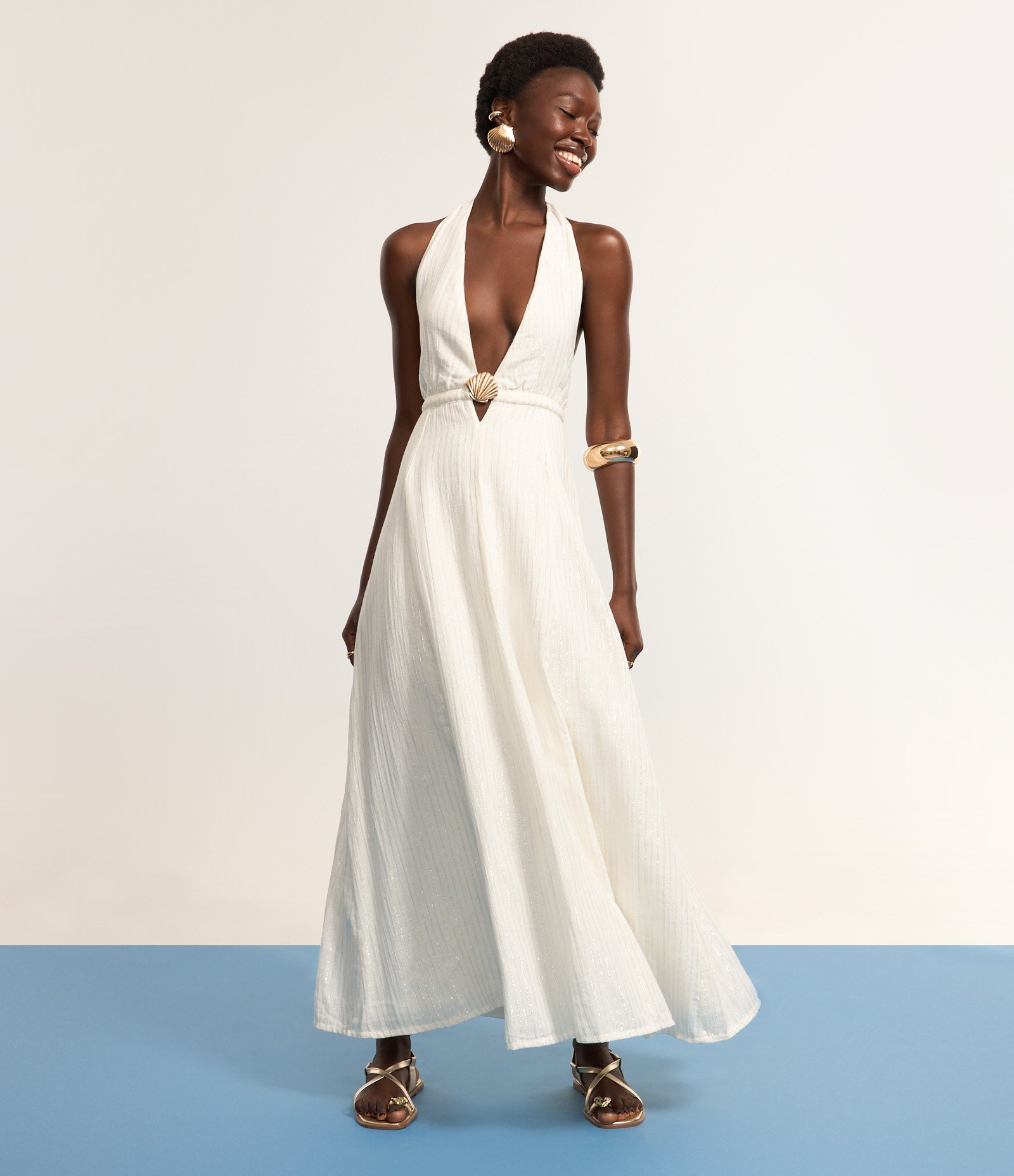 Vestido Longo com Fio Metalizado Frente Único e Concha Contrastante Off White 5