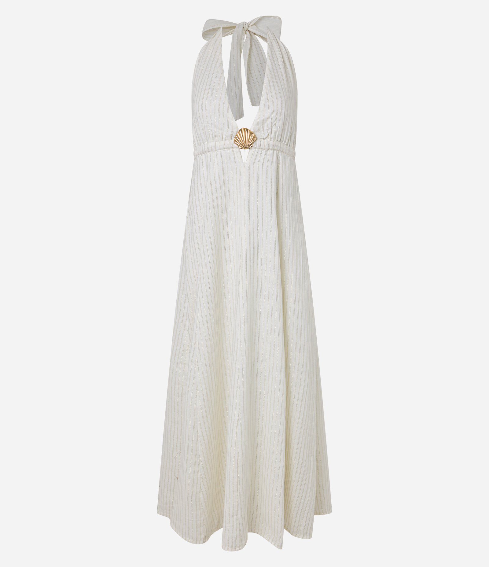 Vestido Longo com Fio Metalizado Frente Único e Concha Contrastante Off White 7