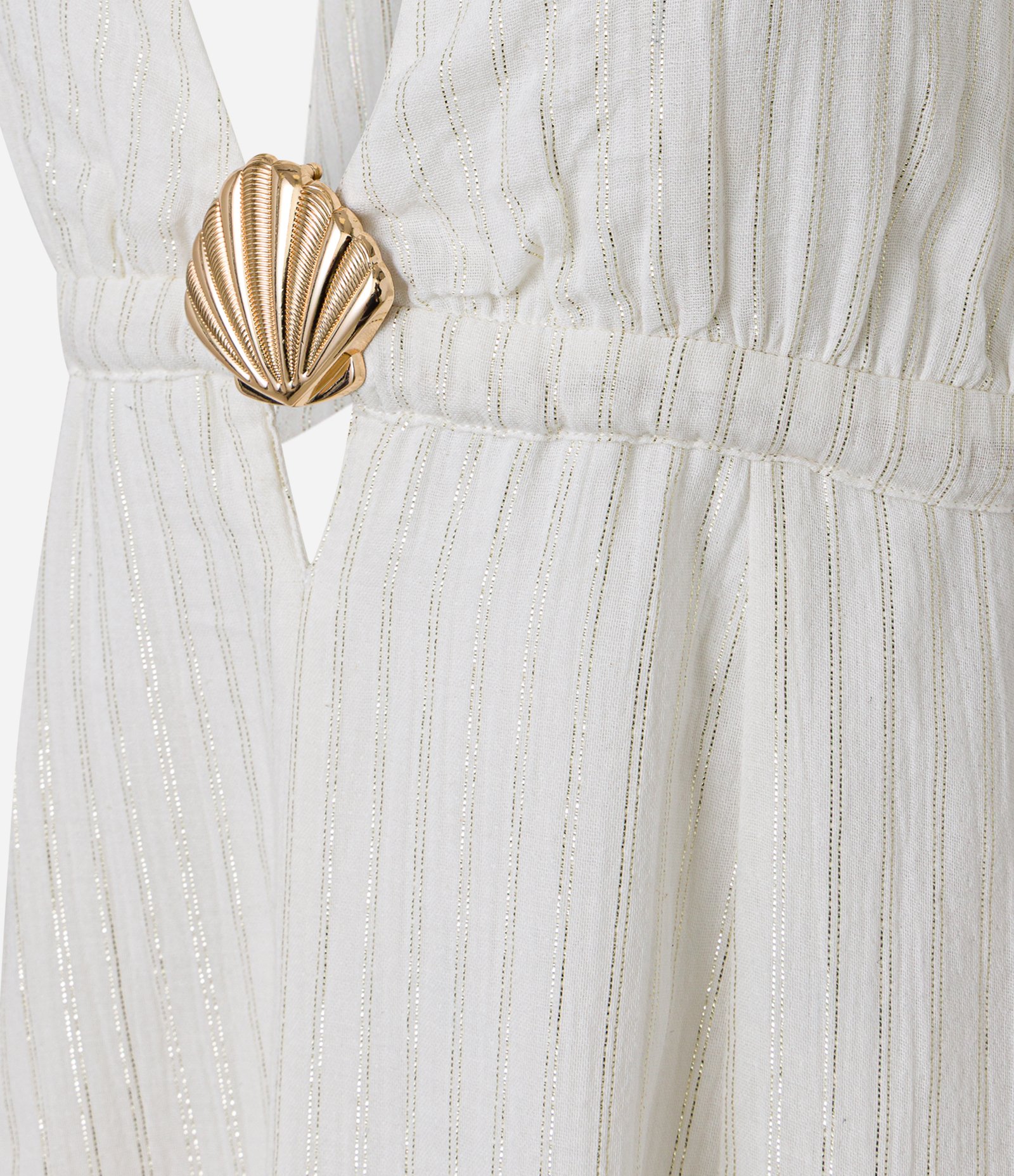 Vestido Longo com Fio Metalizado Frente Único e Concha Contrastante Off White 8