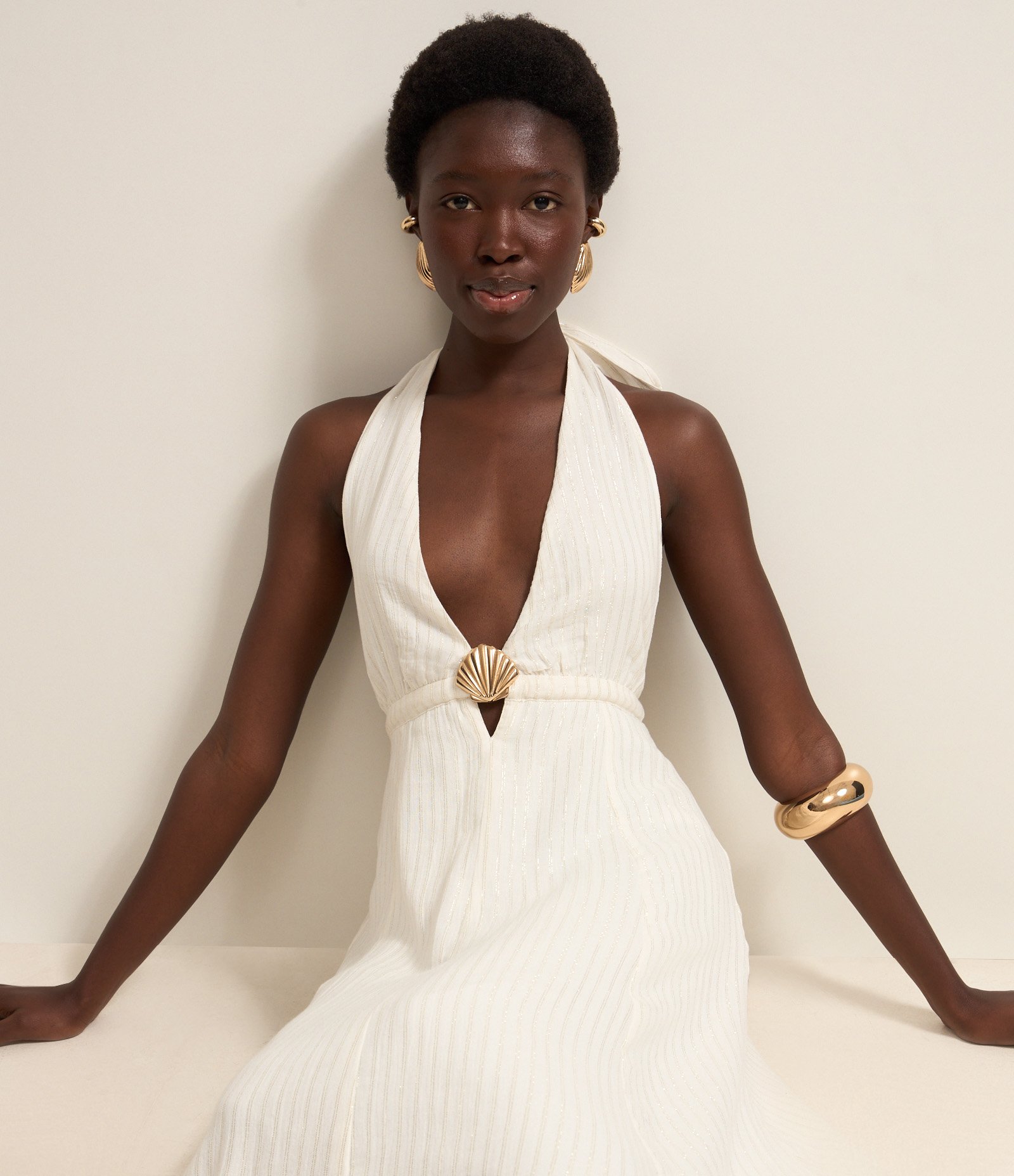 Vestido Longo com Fio Metalizado Frente Único e Concha Contrastante Off White 4