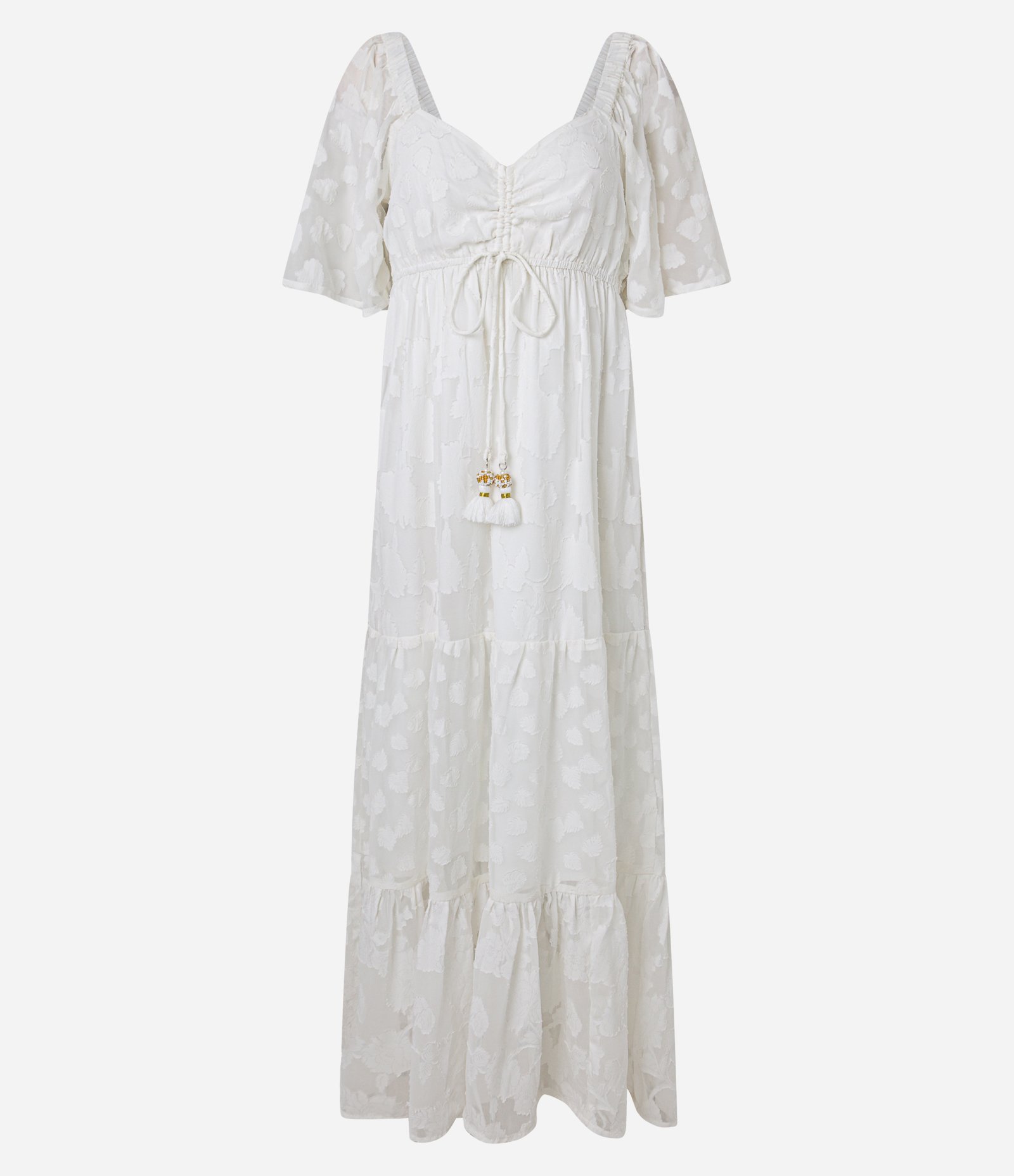 Vestido Longo em Crepe com Babados e Amarração Frontal com Tassel Branco 7