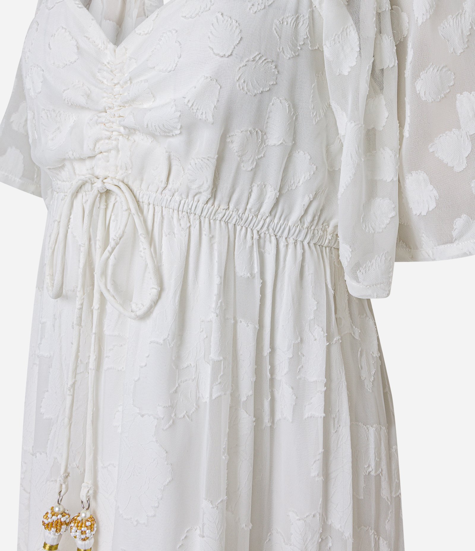 Vestido Longo em Crepe com Babados e Amarração Frontal com Tassel Branco 8