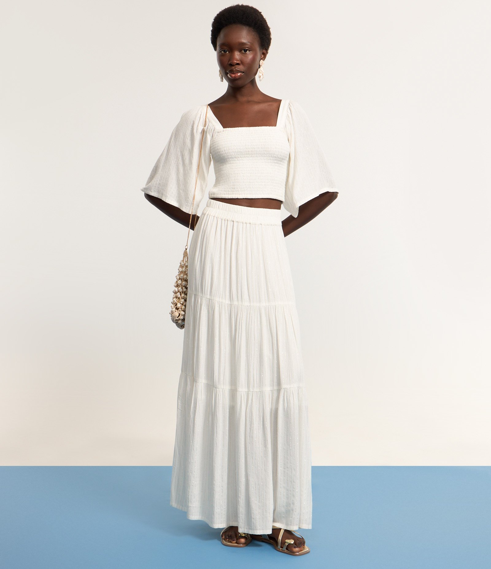 Saia Longa com Babados e Fio Metalizado Off White 5