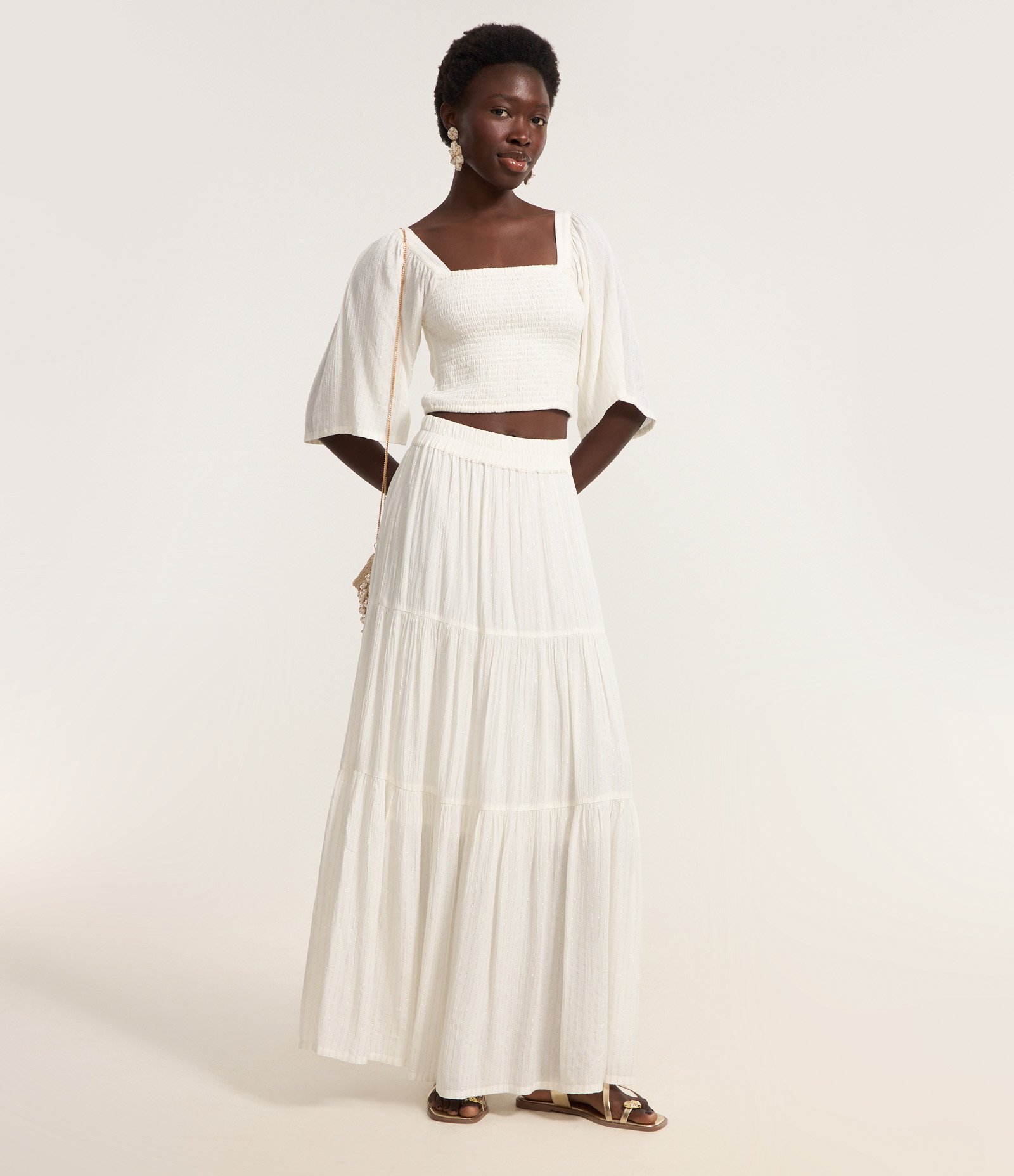 Saia Longa com Babados e Fio Metalizado Off White 1