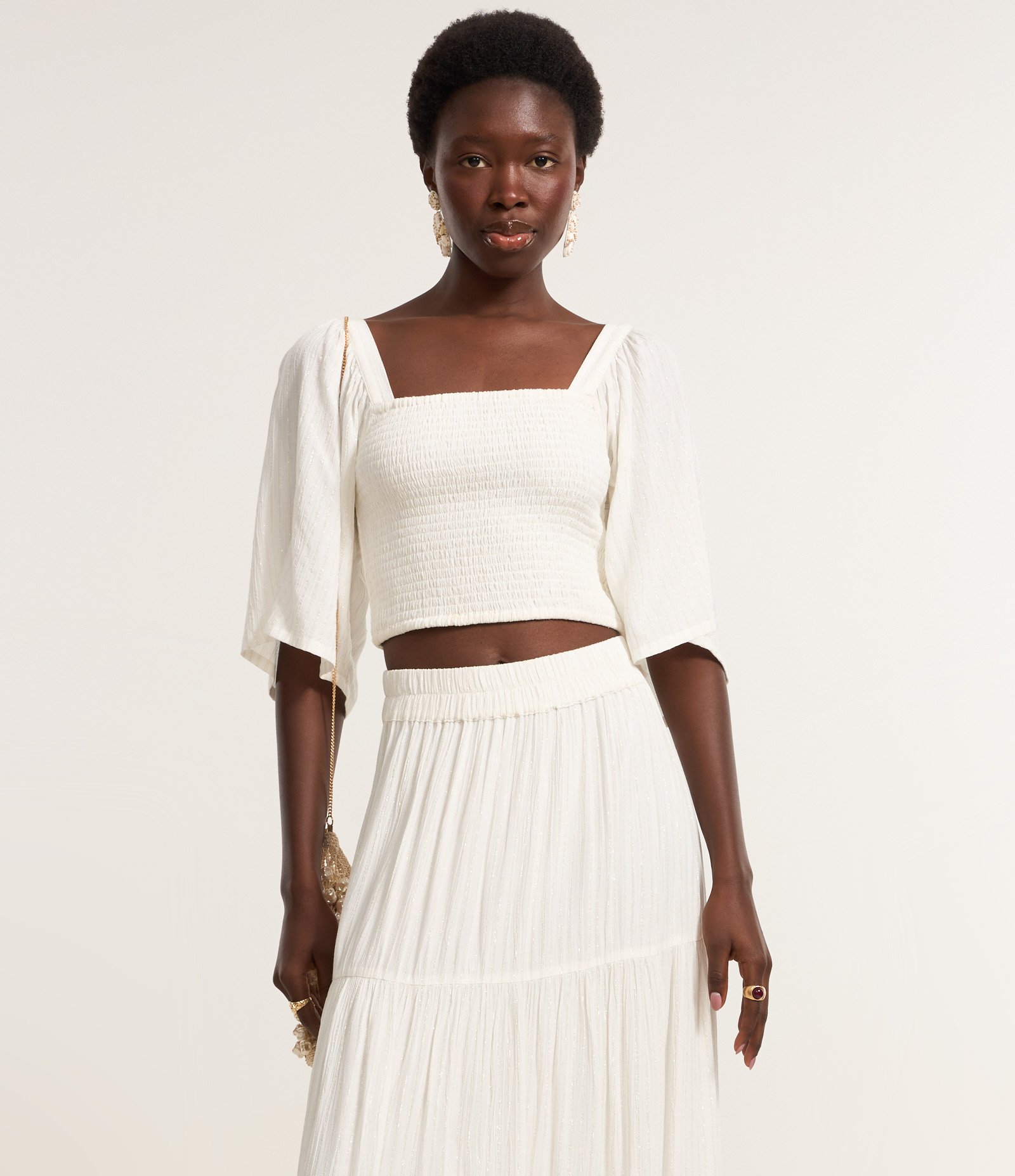 Saia Longa com Babados e Fio Metalizado Off White 2