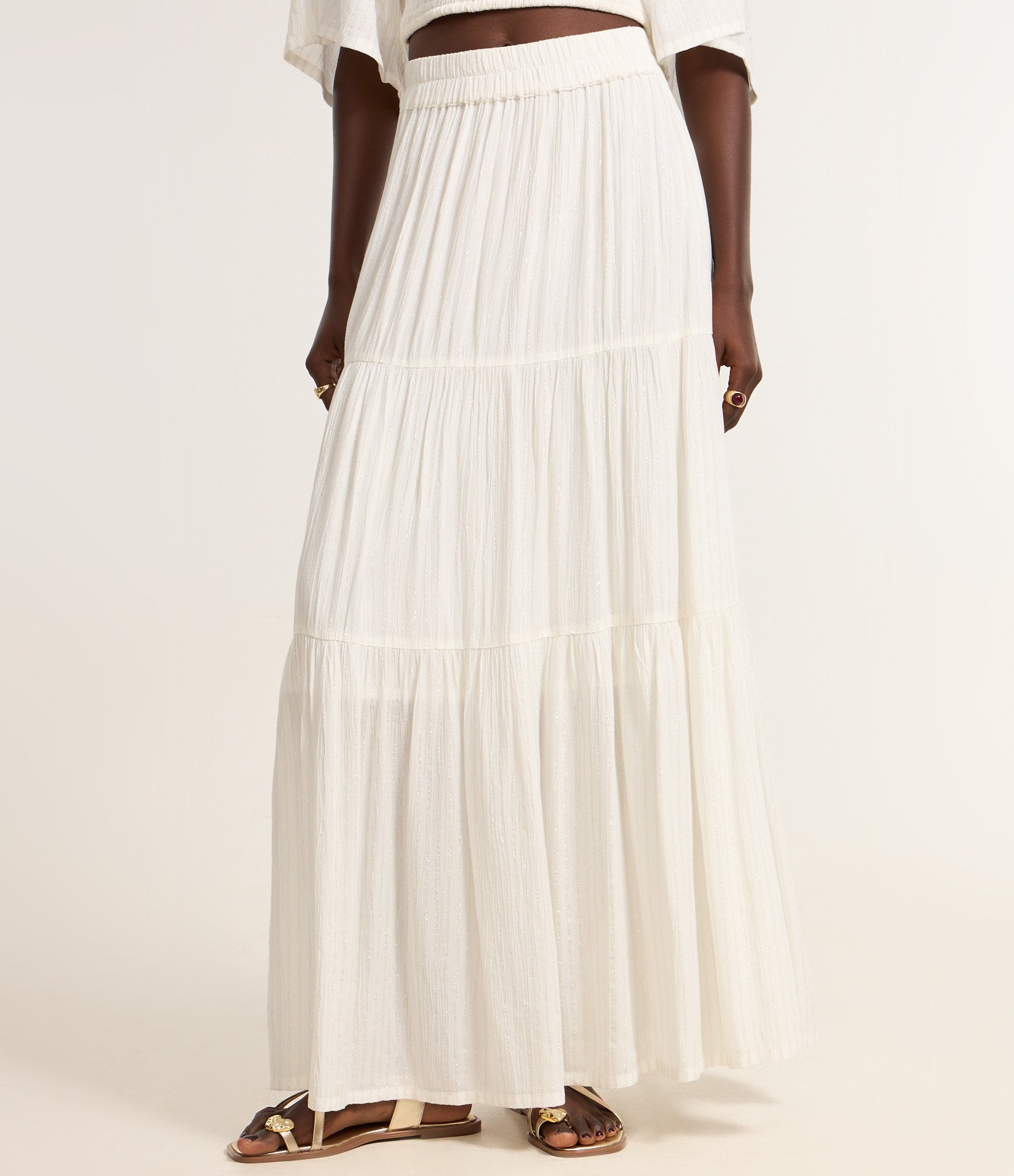 Saia Longa com Babados e Fio Metalizado Off White 3