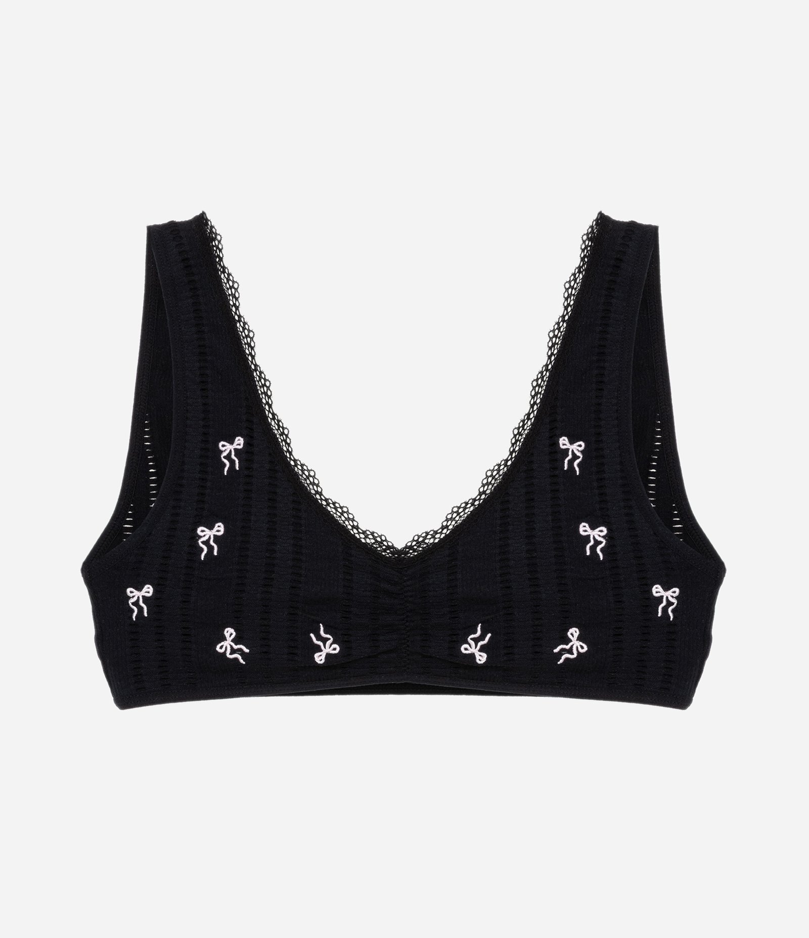 Sutiã Top Seamless Texturizado com Renda e Bordado de Lacinhos Preto 5