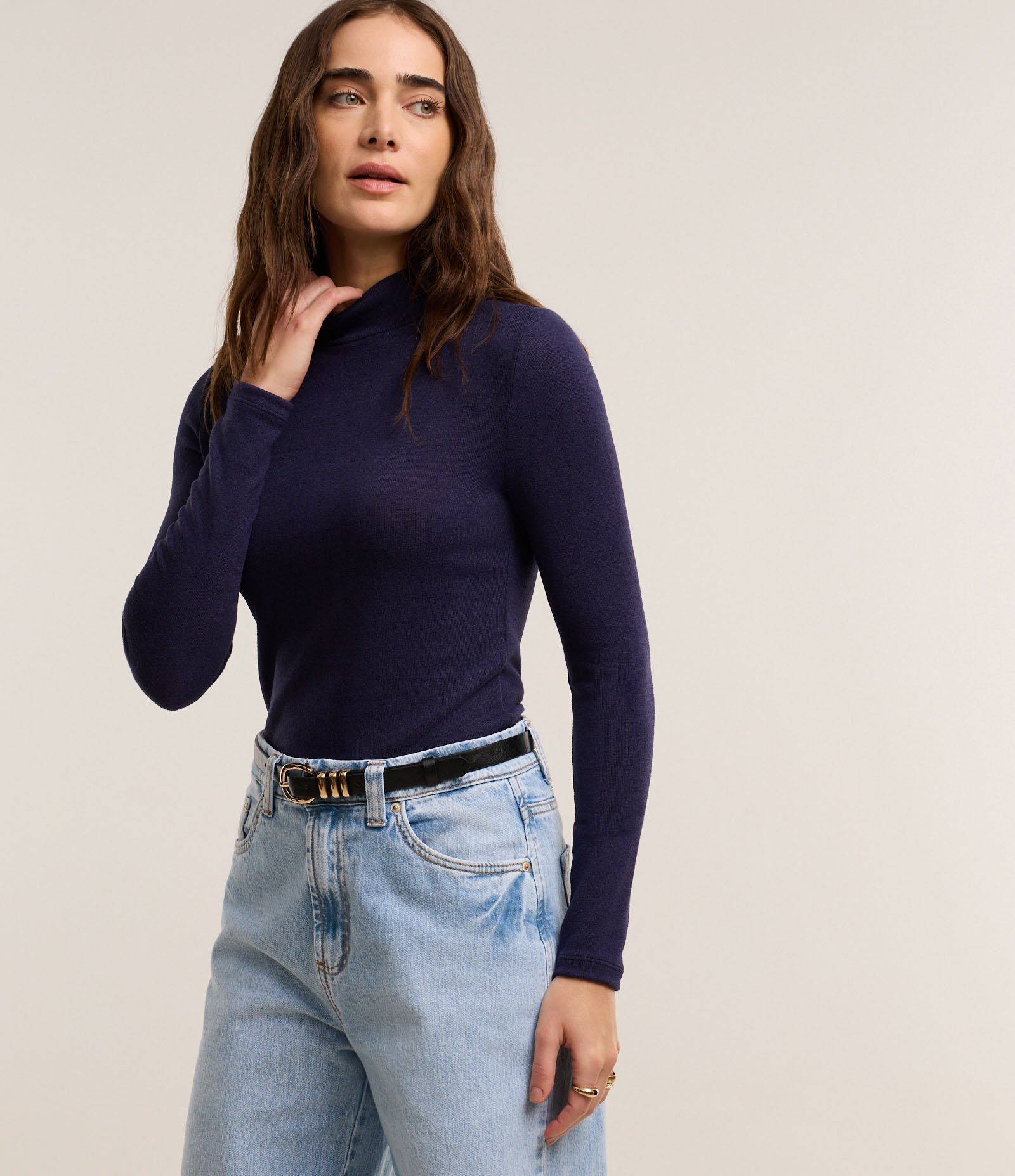 Blusa Texturizada com Gola Alta e Manga longa Azul 1