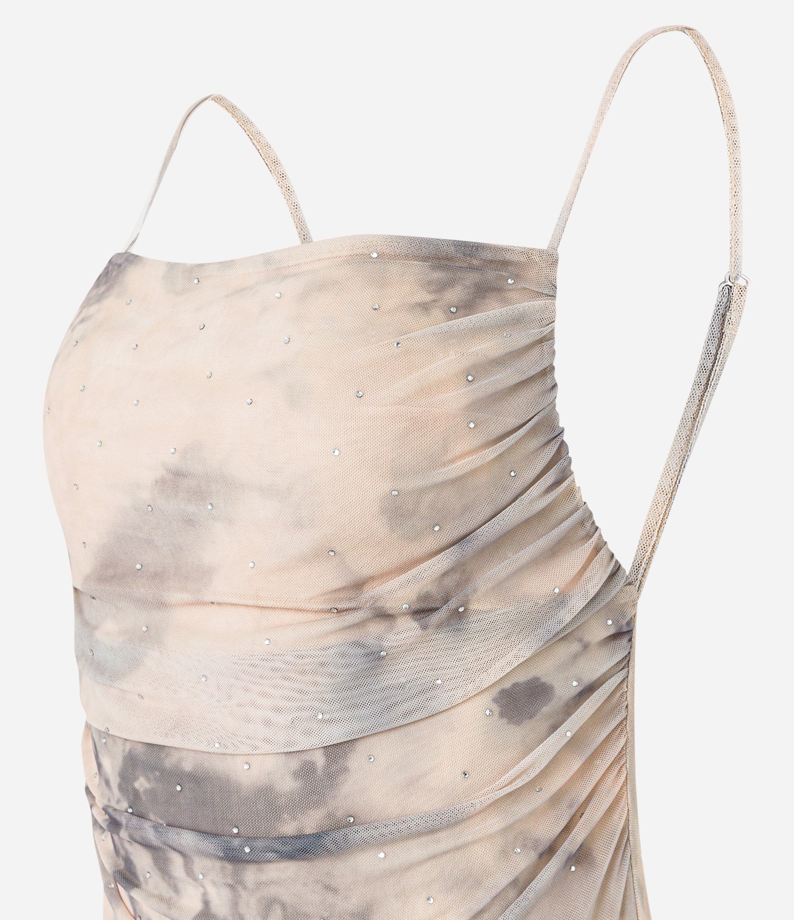 Vestido New Midi em Tule com Estampa Manchada e Drapeado Lateral Bege 8