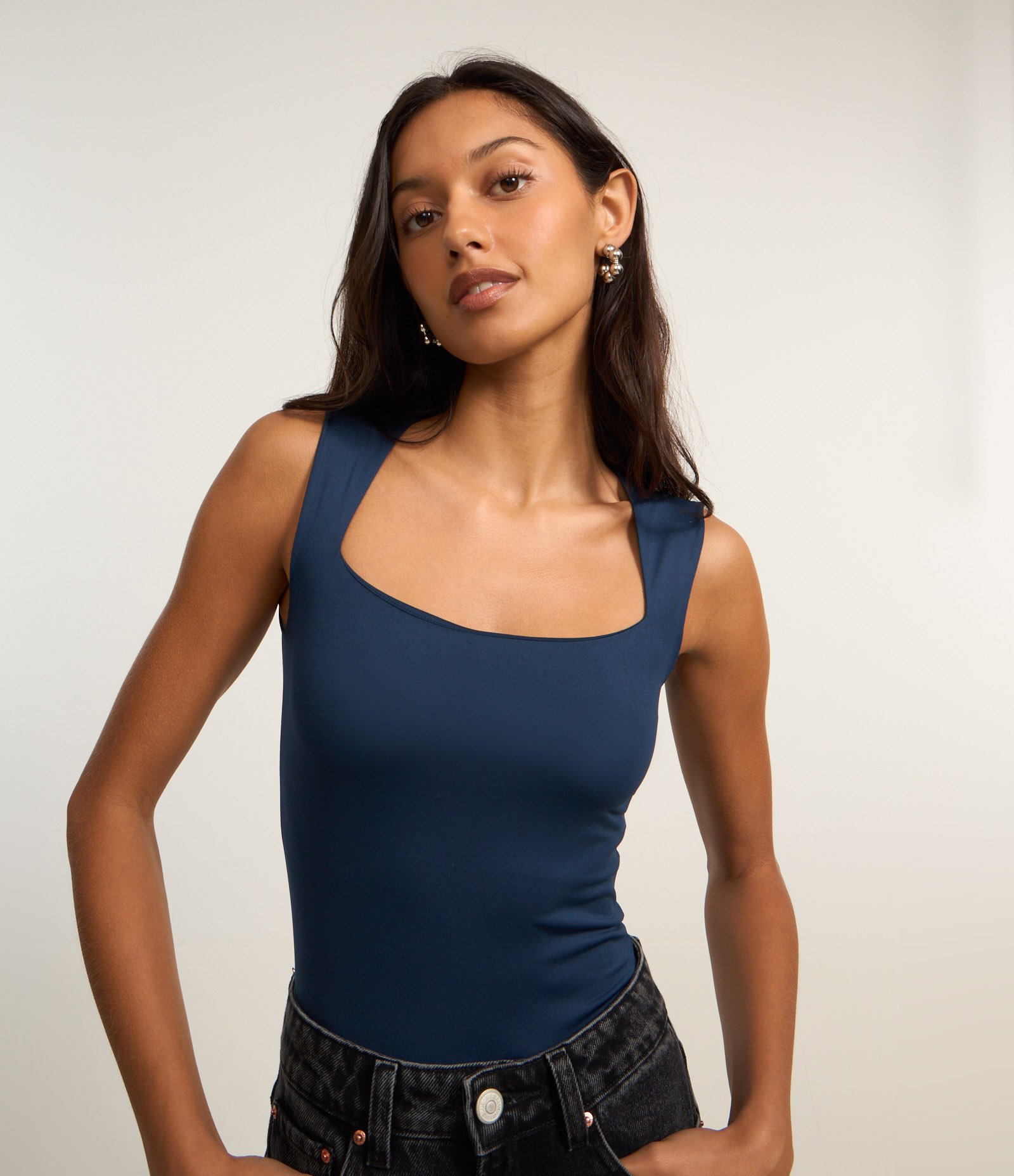 Body em Microfibra com Decote Quadrado Azul 1