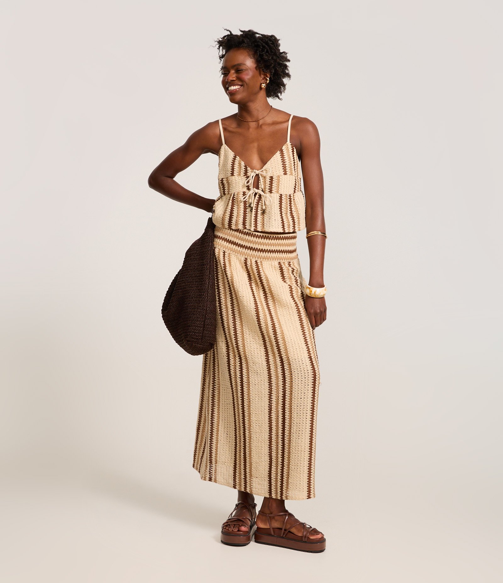 Saia Long Midi em Algodão com Listras e Cós Largo Bege 1