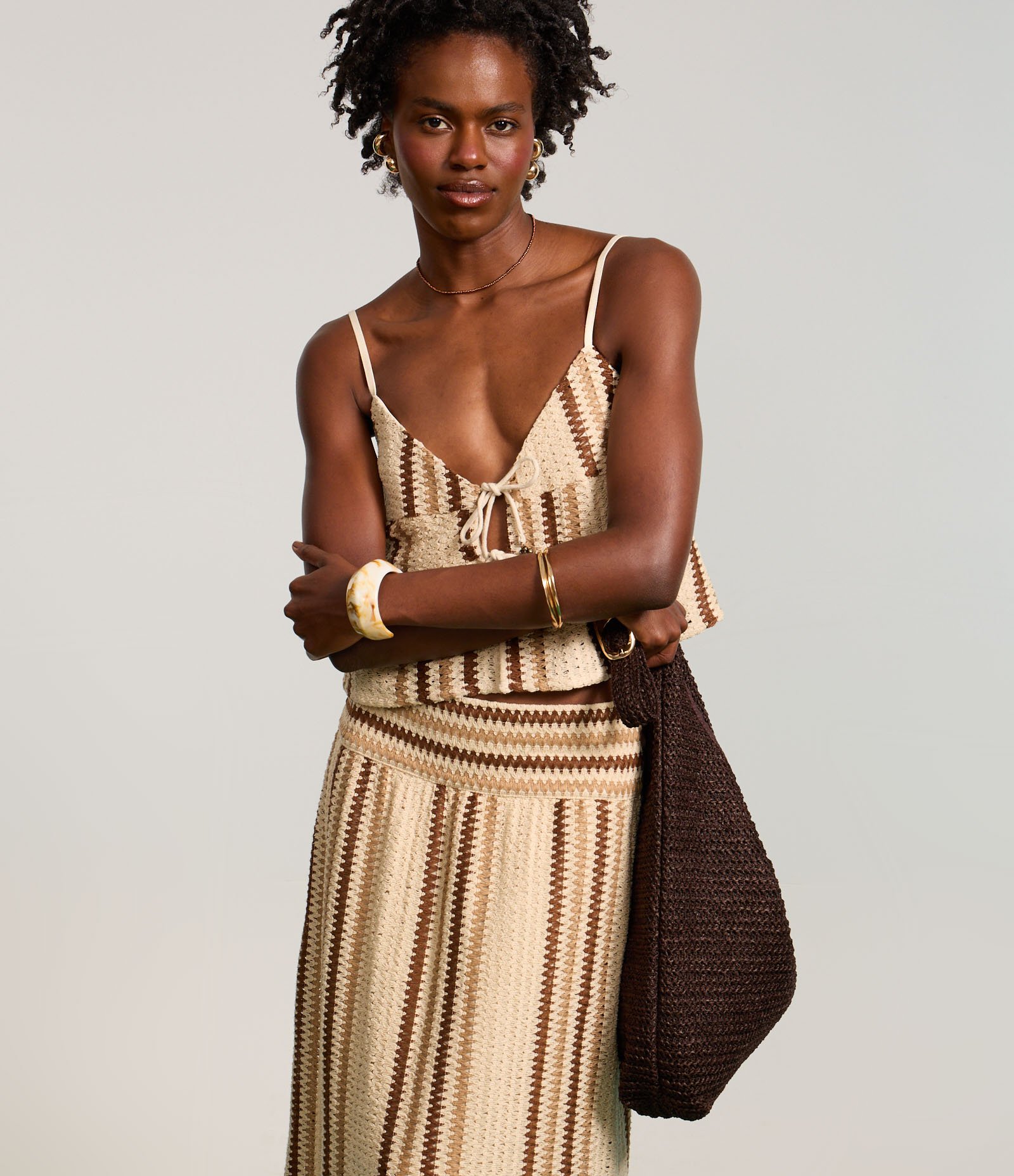 Saia Long Midi em Algodão com Listras e Cós Largo Bege 2