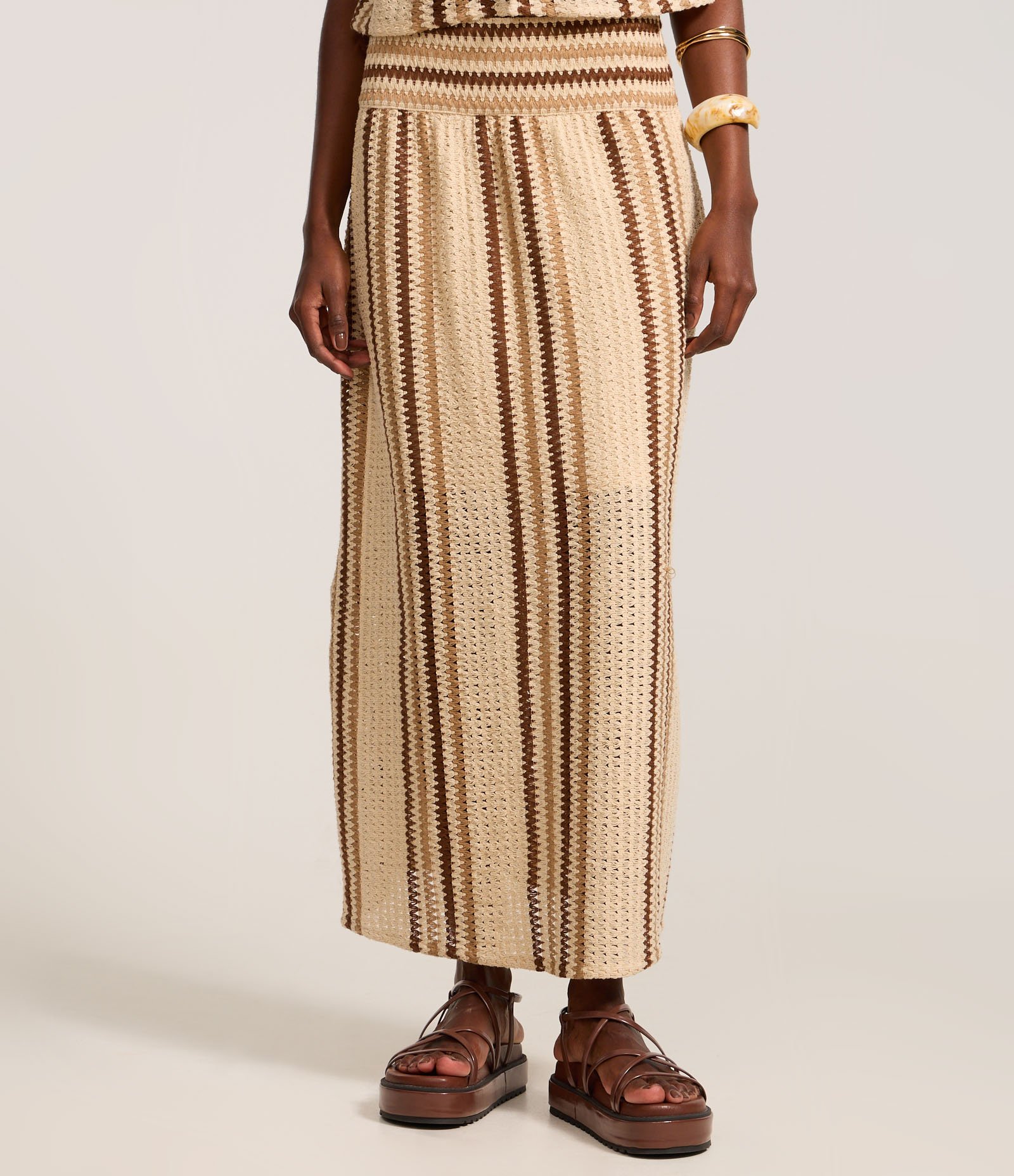 Saia Long Midi em Algodão com Listras e Cós Largo Bege 3