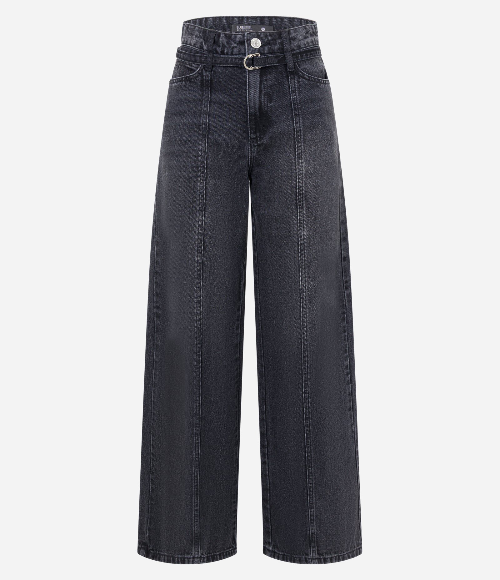 Calça Wide Leg em Jeans com Recorte e Cinto com Fivela Preto 3