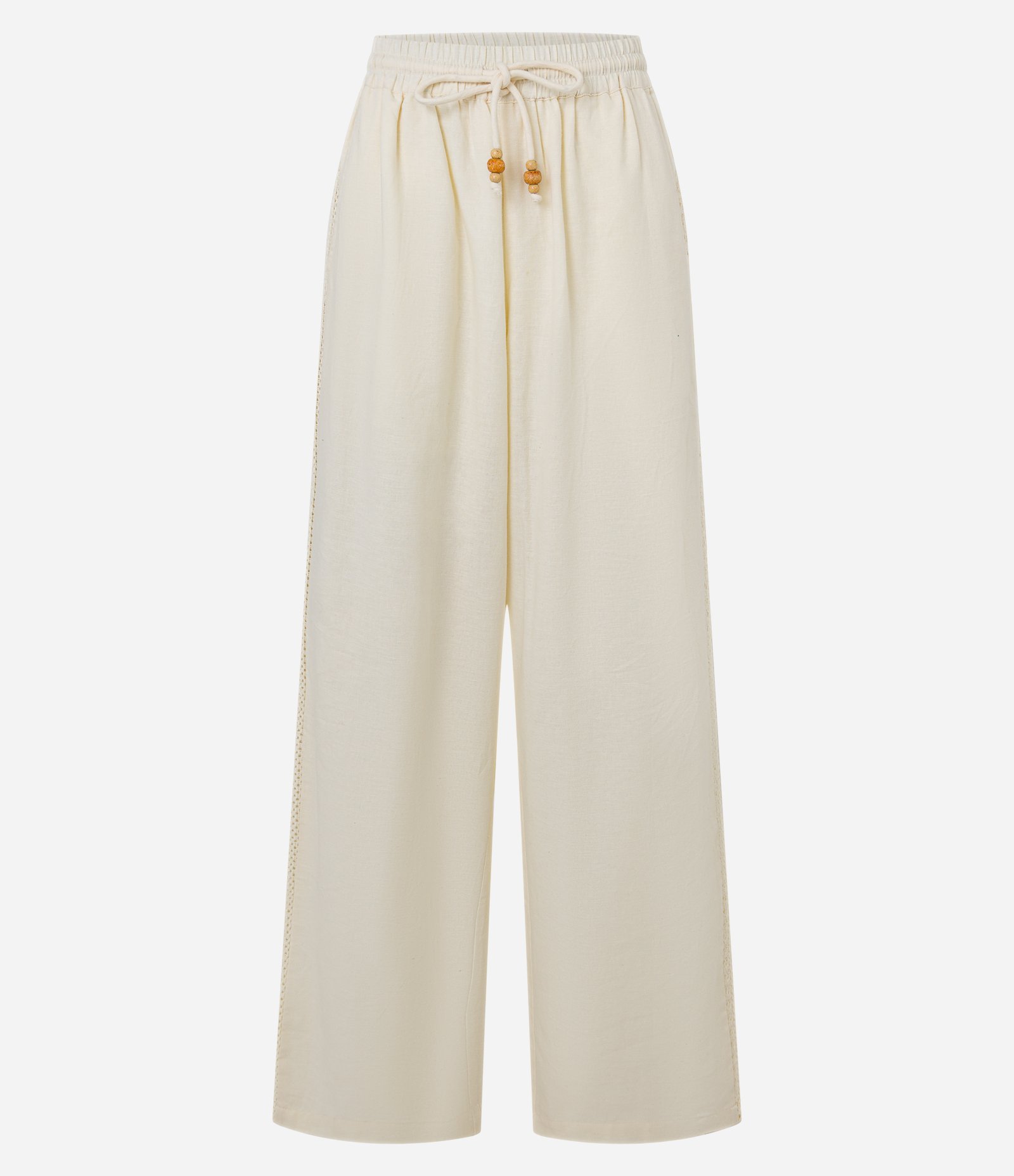 Calça Reta com Linho e Faixa Texturizada na Lateral e Amarração com Cascalhos Bege 6