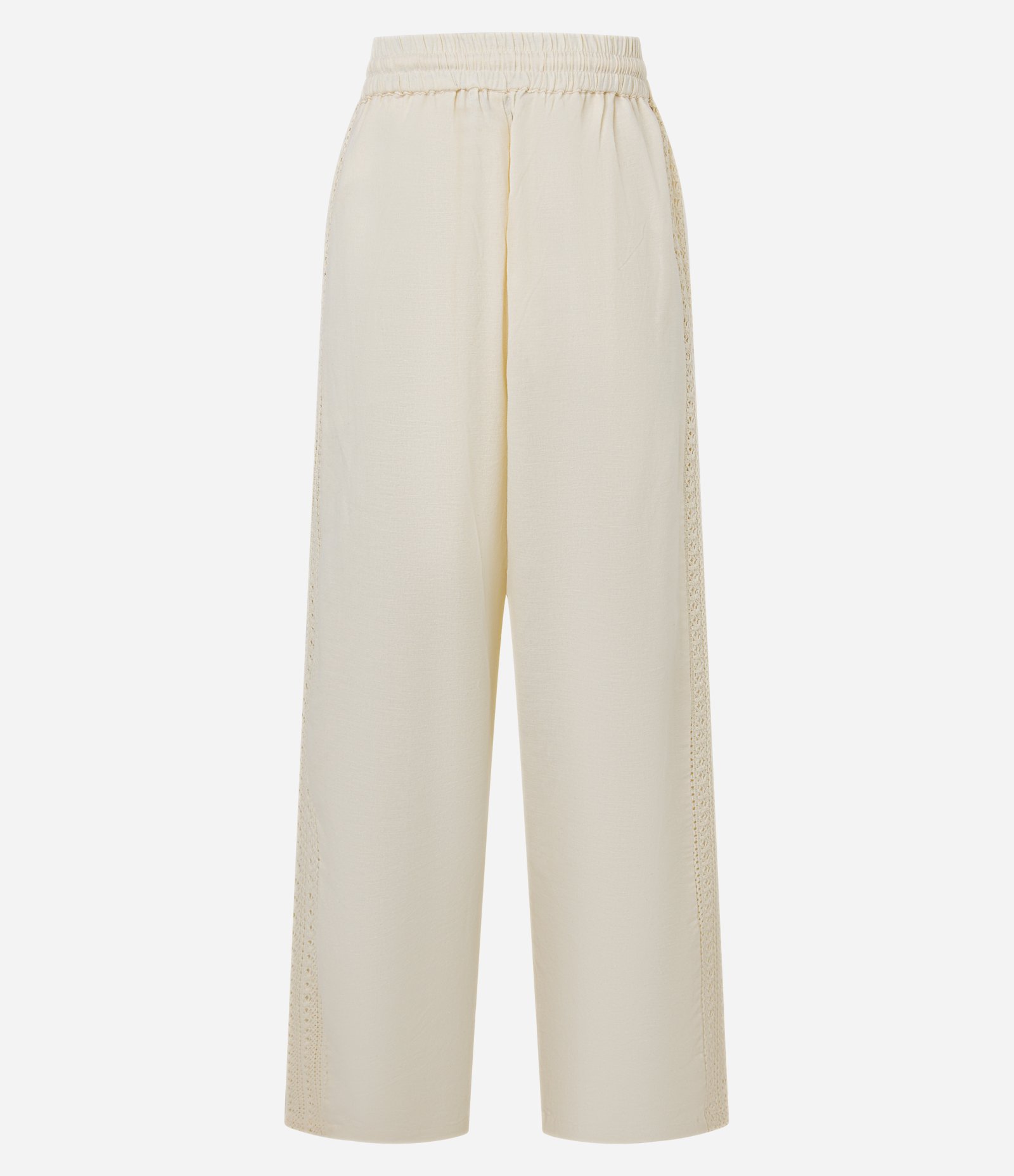 Calça Reta com Linho e Faixa Texturizada na Lateral e Amarração com Cascalhos Bege 8