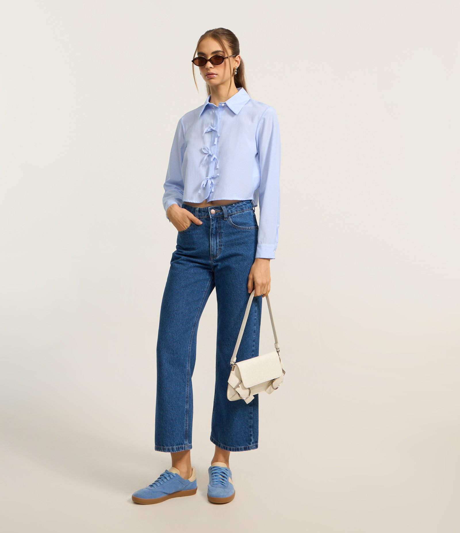 Calça Cropped Reta Jeans com Lavagem Clássica Azul Médio 1