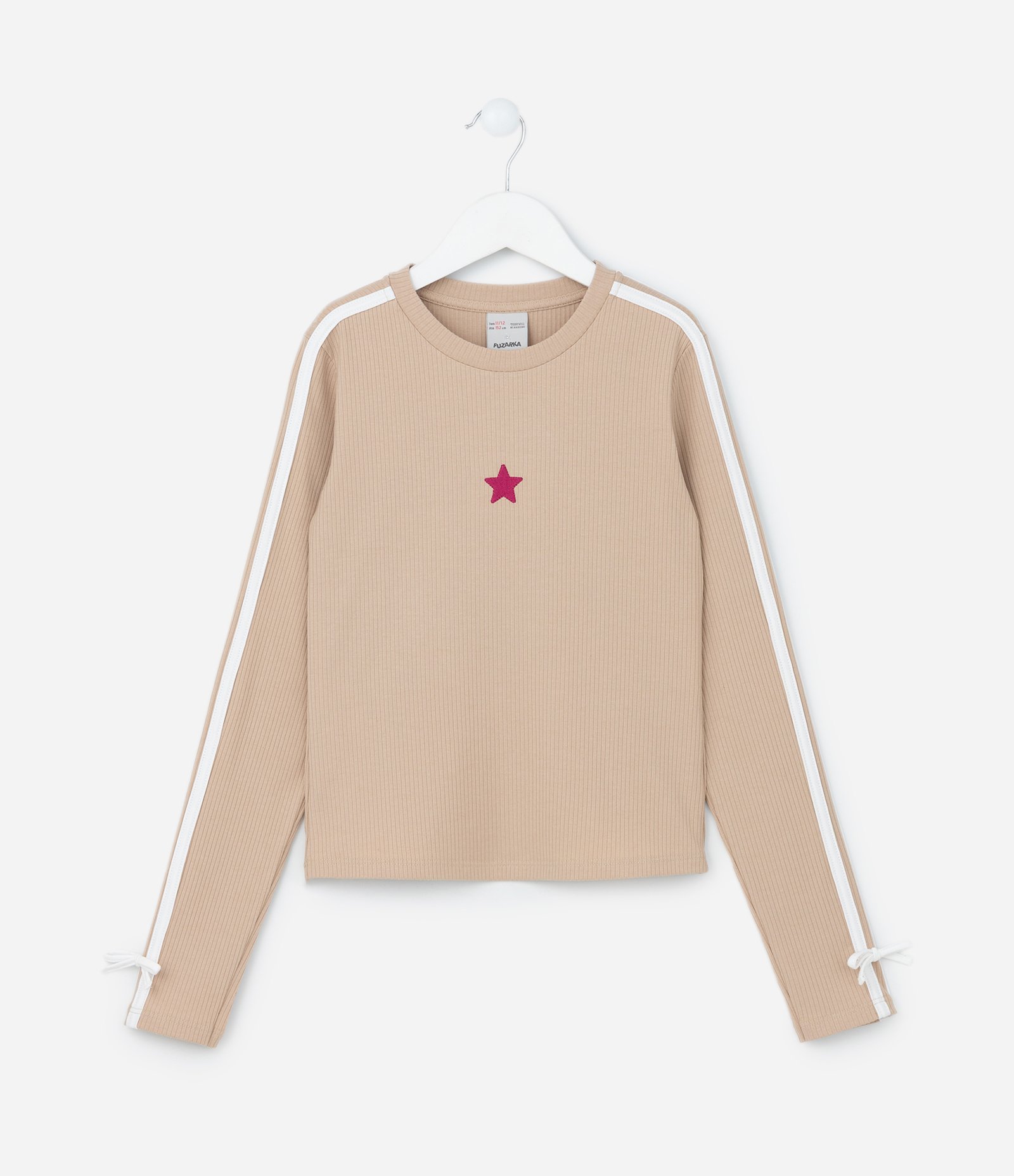 Camiseta Infantil Canelada com Listra e Laços na Manga - Tam 5 14 Anos Bege 1