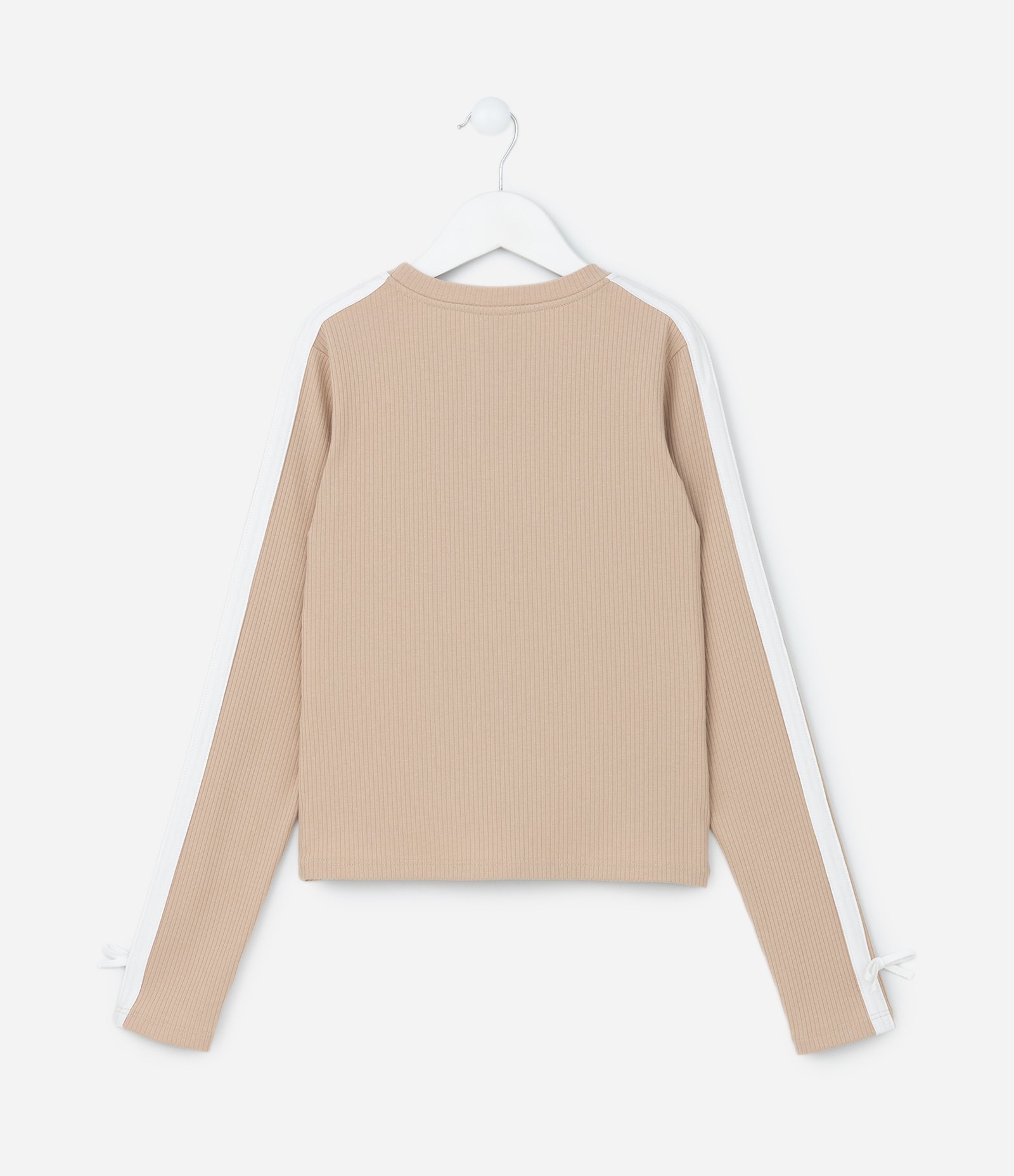 Camiseta Infantil Canelada com Listra e Laços na Manga - Tam 5 14 Anos Bege 2