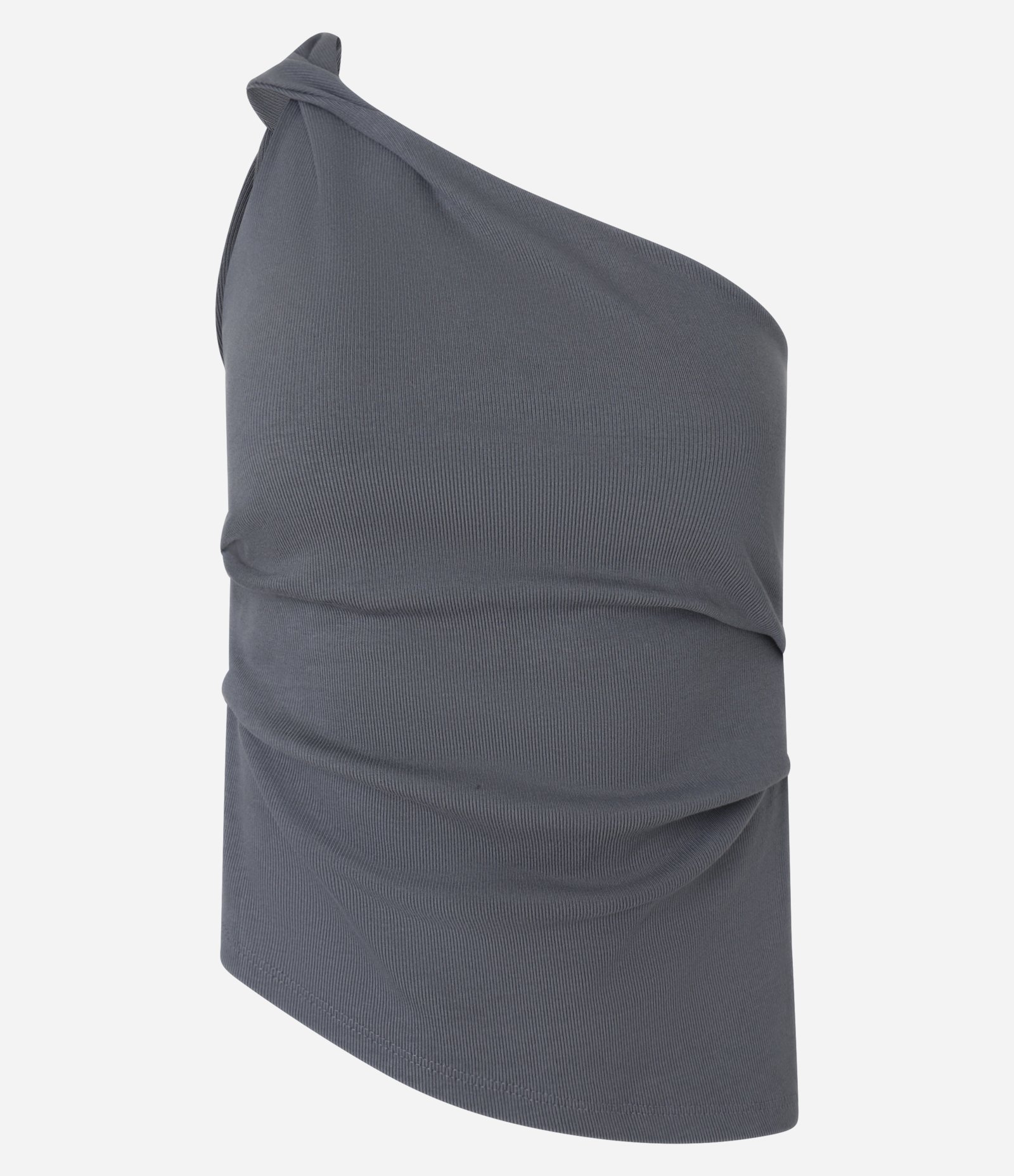 Blusa em Ribana com Um Ombro só e Torcidinho no Ombro Cinza 4