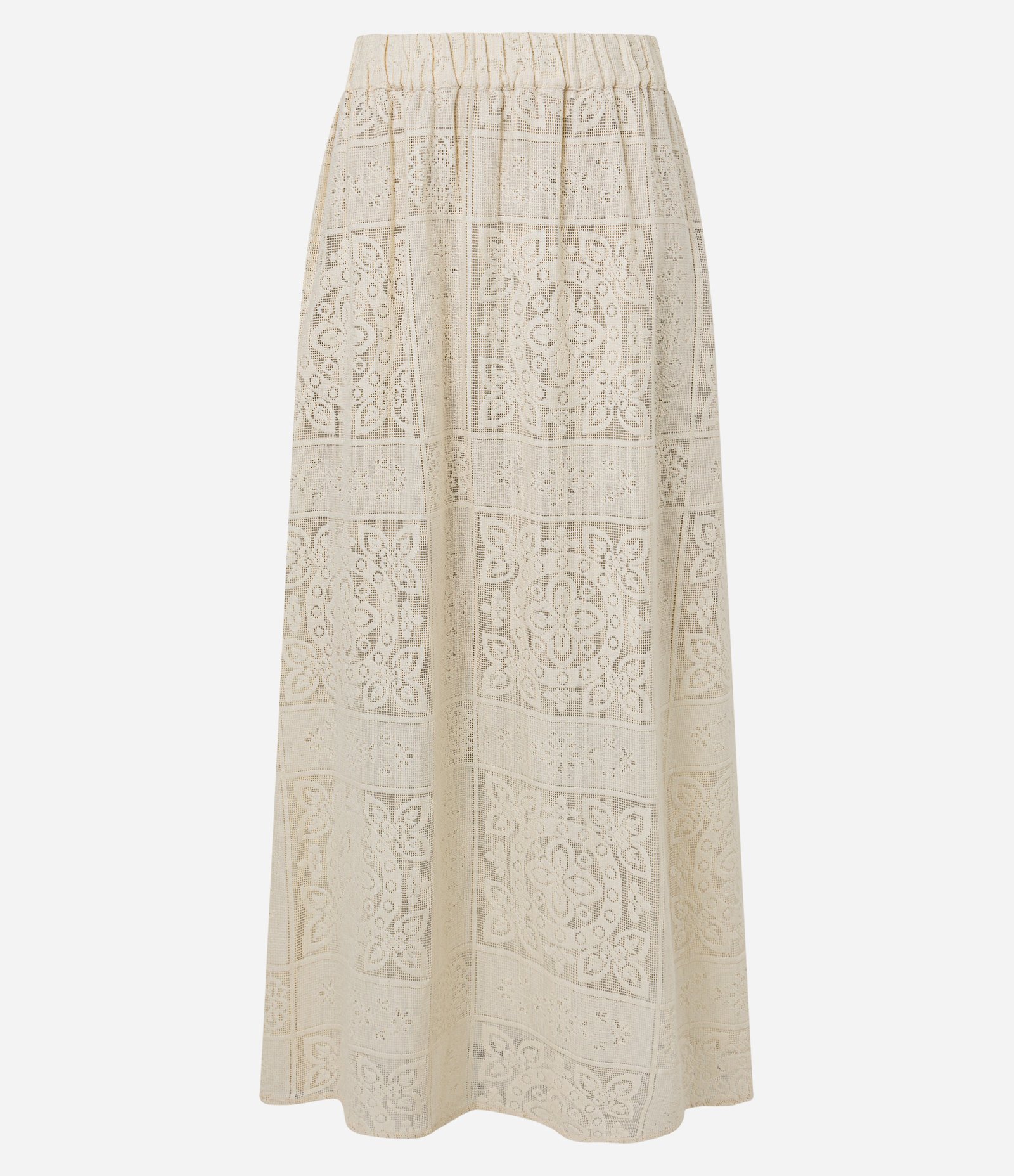 Saia Midi Evasê com Estampa Guipire Floral e Cós Elástico Bege 5