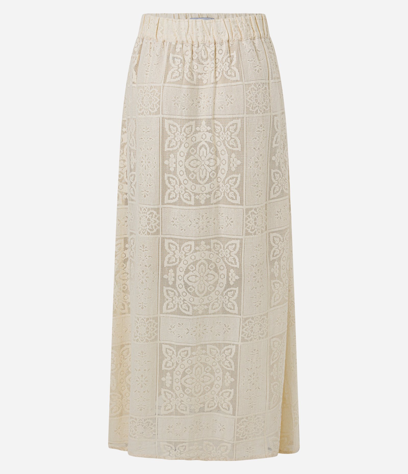 Saia Midi Evasê com Estampa Guipire Floral e Cós Elástico Bege 7