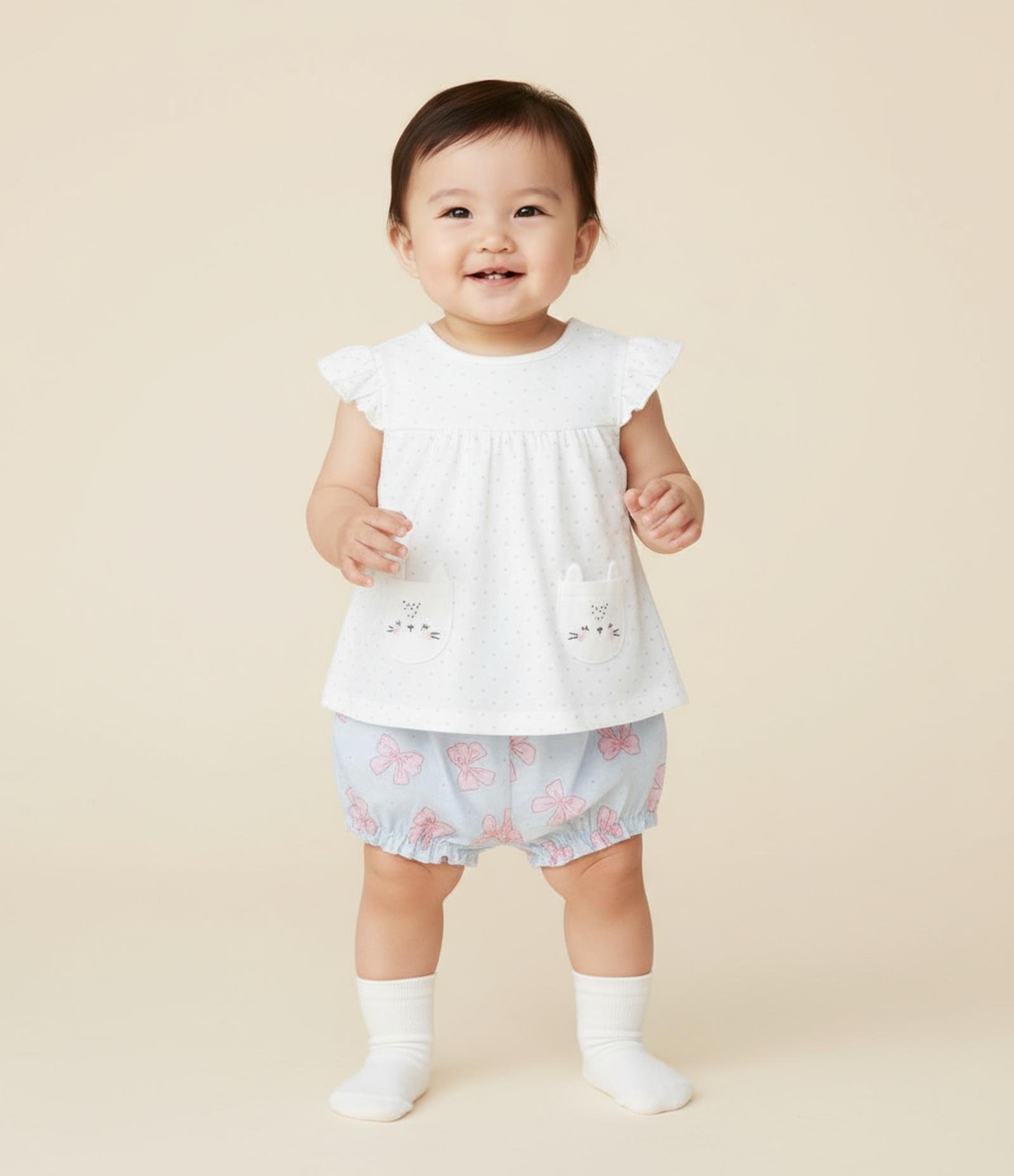 Conjunto Infantil com Estampa de Laços e Bolso de Bichinho - Tam 0 a 18 Meses Branco/Azul 1