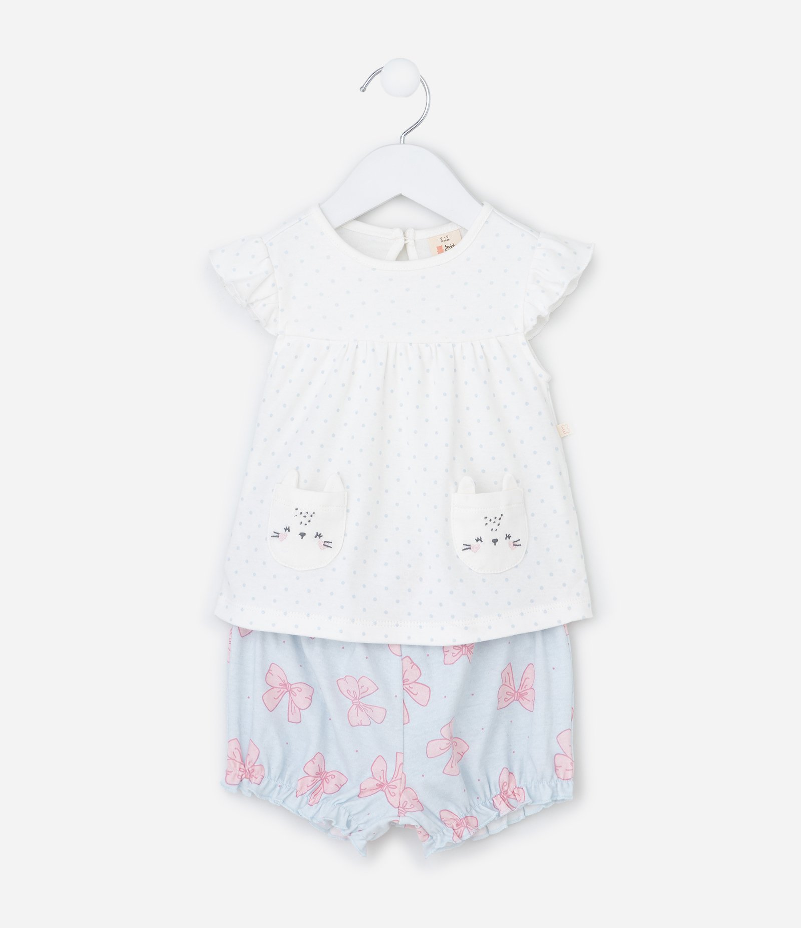 Conjunto Infantil com Estampa de Laços e Bolso de Bichinho - Tam 0 a 18 Meses Branco/Azul 2