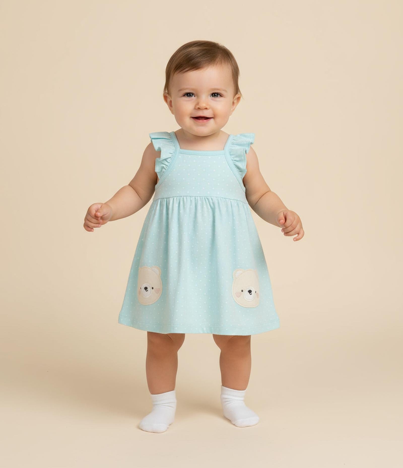 Vestido Infantil com Estampa Poá Ursos e Calcinha - Tam 0 a 18 meses Azul 1